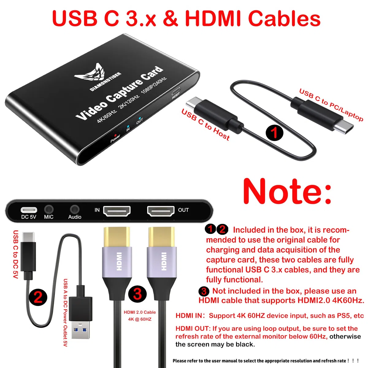 Carte de capture vidéo 4K 60 Hz, 1080p 240 Hz avec passthrough HDR VRR, enregistreur USB 3.2 Type-C sans décalage pour PS5, Xbox Series X/S, Nintendo Switch, PC, OBS, Twitch