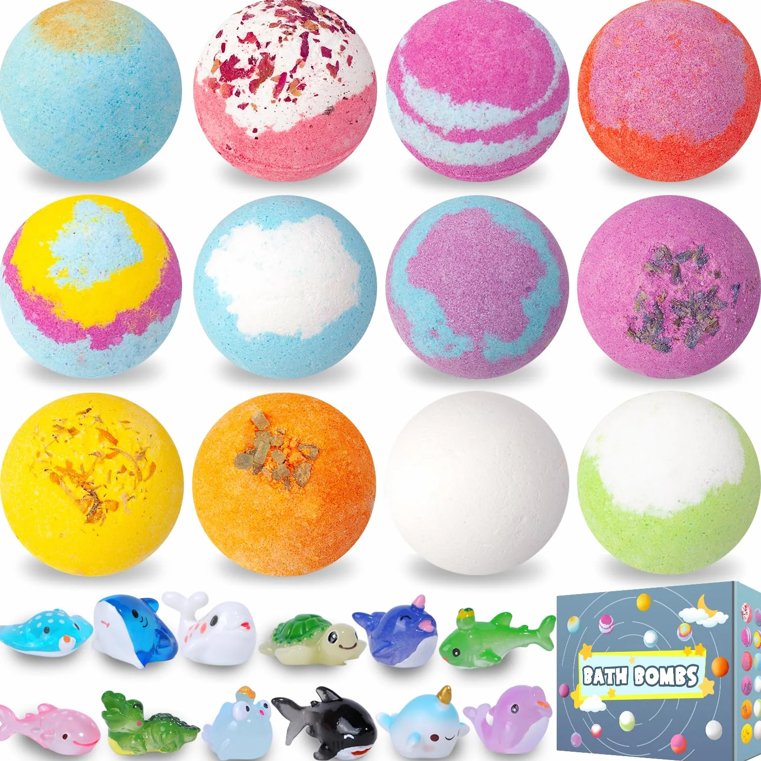 Lot de 12 bombes de bain pour enfants avec jouet surprise, mousse naturelle et biologique