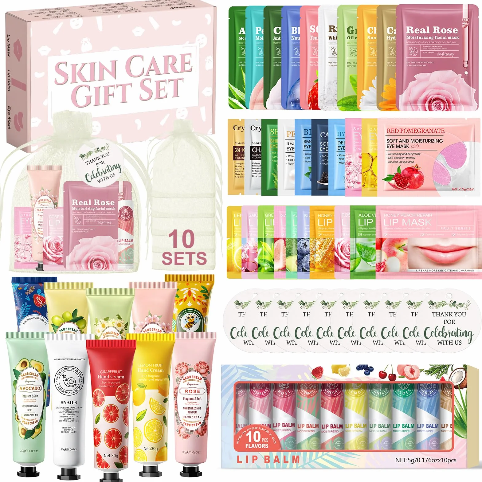 Coffret Soin Visage Femme 70 Pièces, Masque Visage, Crème Mains, Eye Patch, Stick Lèvres, Cadeau SPA Mariage