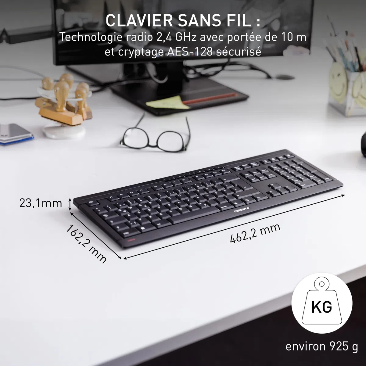 CHERRY Stream Keyboard Wireless, Clavier sans Fil, Disposition française (AZERTY), Connexion Radio 2,4 GHz, Touches silencieuses, Design Plat, Alimenté par Batterie, Noir