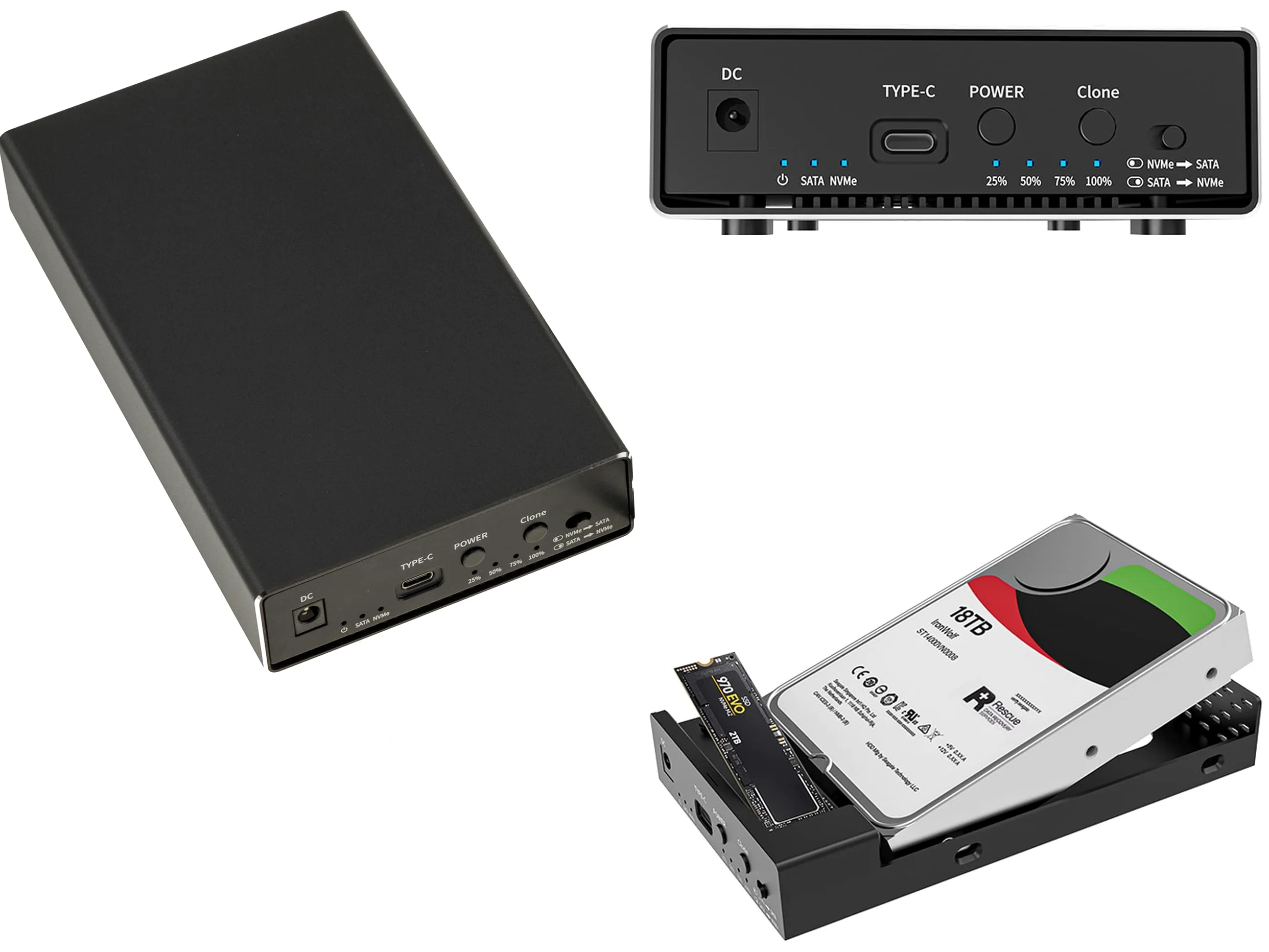 KALEA-INFORMATIQUE Boîtier USB 3.1 pour HDD SATA et SSD M.2 NVMe | Boîtier aluminium USB 3.1 10 Gbit/s compatible disques SATA 2,5"/3,5" et SSD M.2 NVMe, avec fonction de clonage.