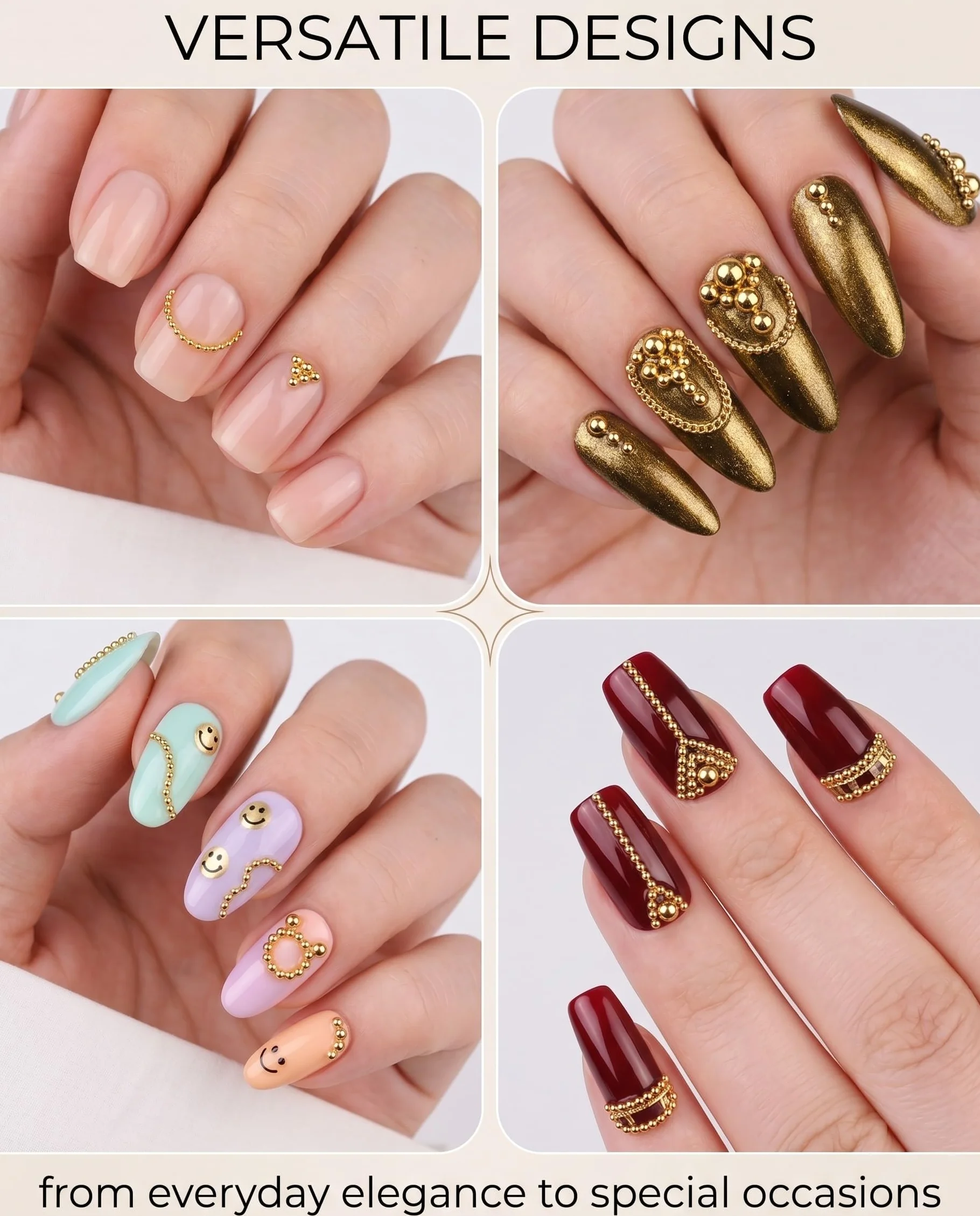 Boîte Perles Acier Doré pour Ongles, Coffret 12 Compartiments 0.6-2.0mm + Chaînes Or, Assortiment Multi-Tailles Nail Art 3D