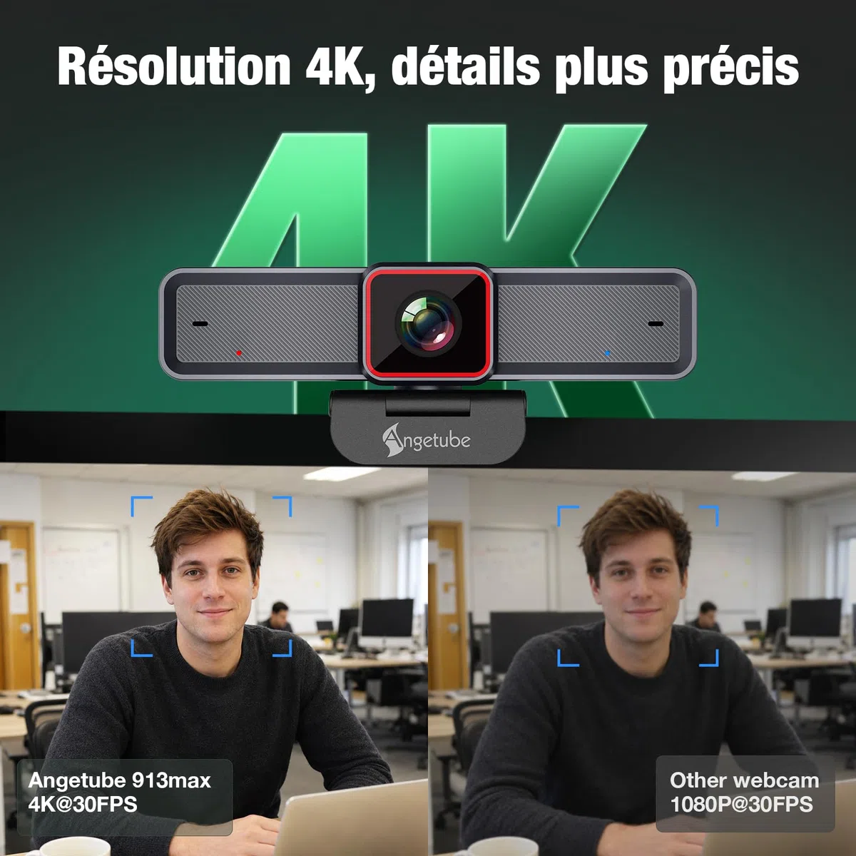 Angetube 4K Webcam avec 1/1.5" Sensor, 1080P@60FPS USB Web Camera pour PC