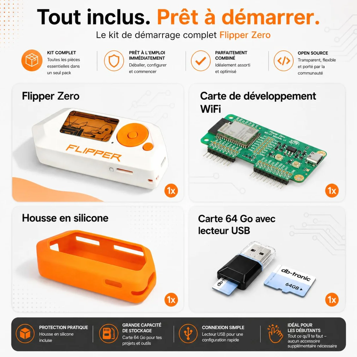 Flipper Zero Starter Kit Complet avec Carte WiFi, Coque Silicone, 64 Go Carte Mémoire et Lecteur USB
