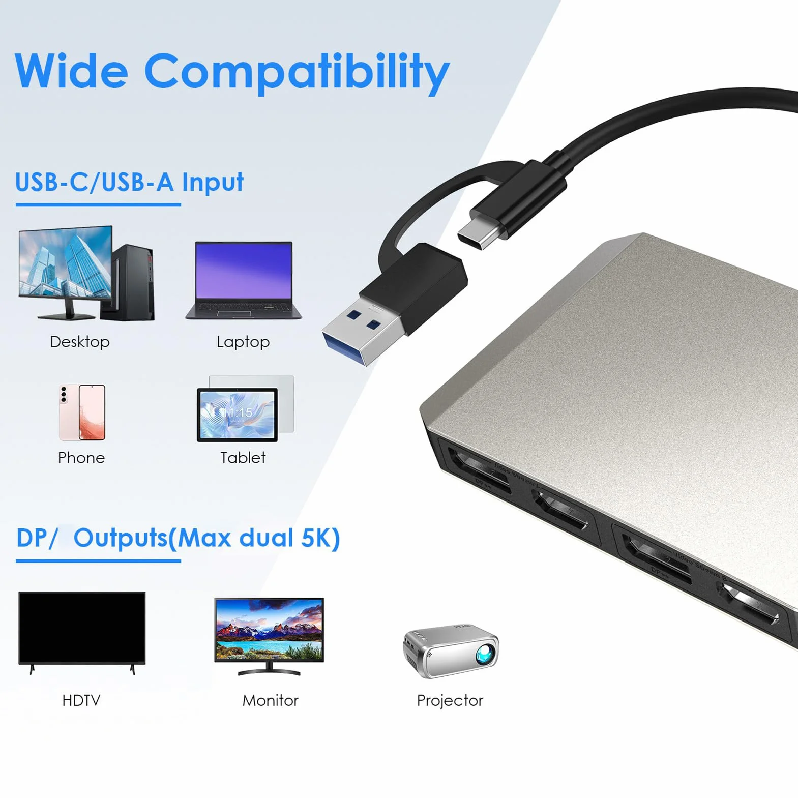 ASHATA USB C et USB 3.0 à Double Adaptateur HDMI DisplayPort 4K DisplayPort, Affichage D'affichage Splater étendu pour Double Moniteur 4K @ 60Hz Splitter, Alliage