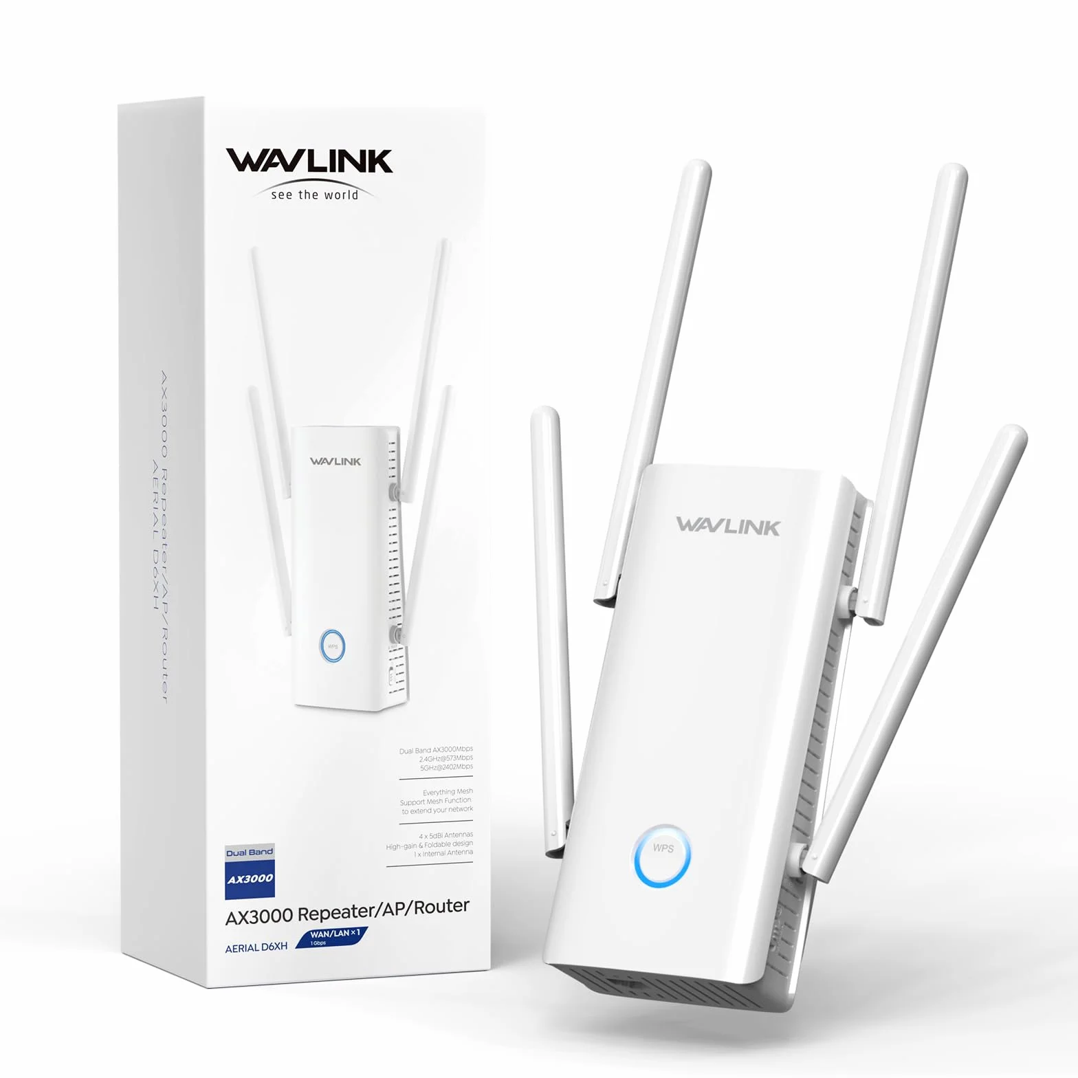 WAVLINK Répéteur WiFi 6 AX3000, Amplificateur WiFi avec Port Ethernet, Antennes 5dBi, Double Bande 5GHz/2.4GHz