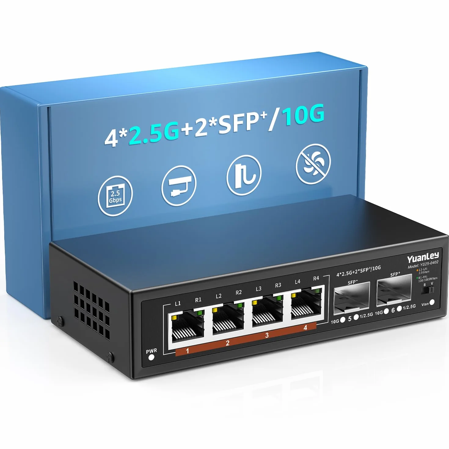 Commutateur Réseau YuanLey 6 Ports 2.5G Ethernet Non géré Métal sans Ventilateur 4 x 2.5G Base-T 2 x 10G SFP Montage Mural