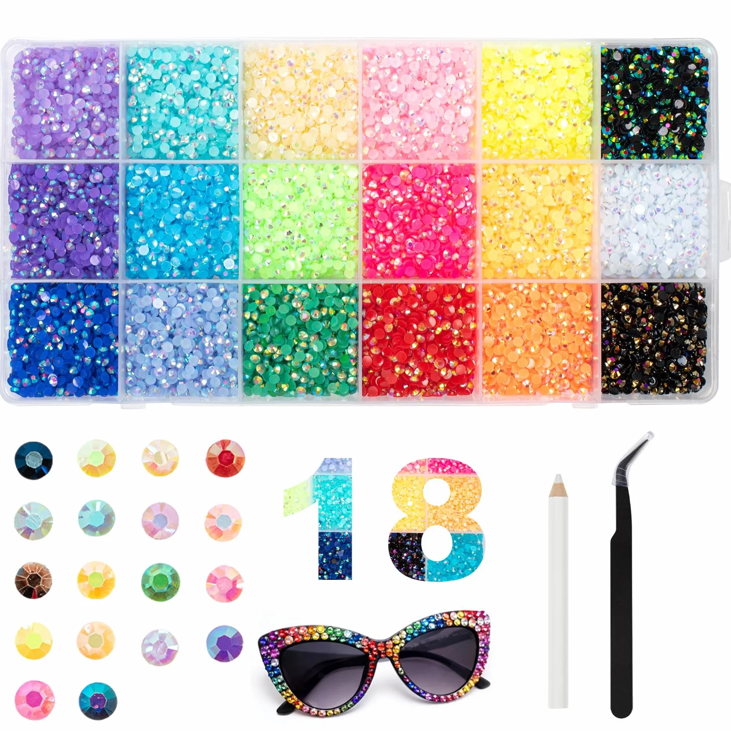 Kit de 18 couleurs 22 000 strass à dos plat 3 mm avec stylo pour nail art, vêtements, chaussures