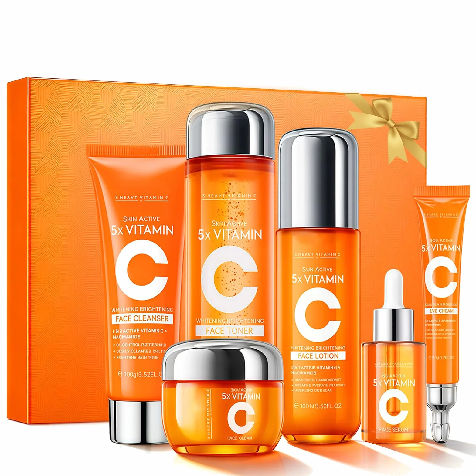 Coffret Soin Visage Vitamine C, Routine Complète avec Nettoyant, Tonique, Sérum, Contour des Yeux, Lotion & Crème