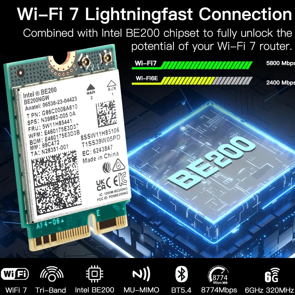 Adaptateur WiFi 5,8 Gbps Wi-Fi 7 Bluetooth 5.4 PCI-E Carte Intel BE200 2.4/5/6 GHz 802.11be pour PC de bureau Windows 11