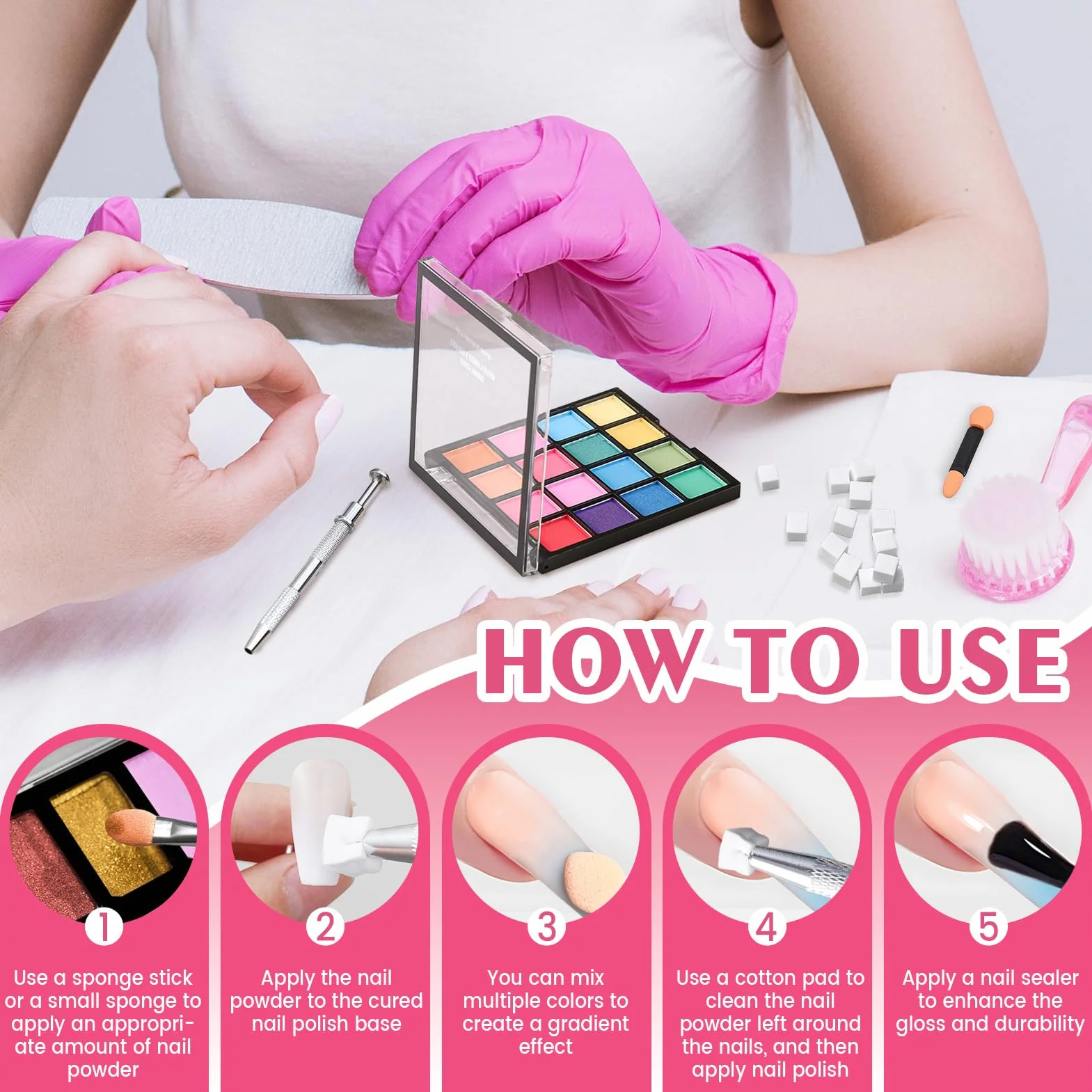 Poudre Chrome Ongle 16 Couleurs Kit Nail Art avec Pigment, Éponges et Pince à Épiler