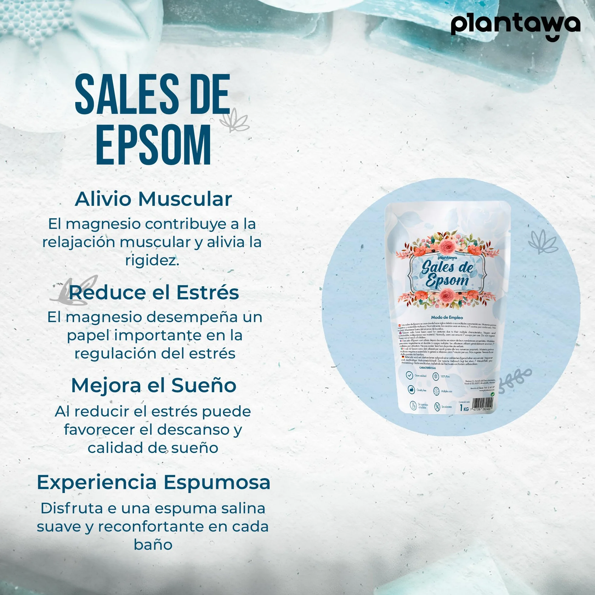 PLANTAWA Sel d'Epsom 1kg | Sulfate de Magnésium Pur, Bain Relaxant et Moussant, Bien-être et Sommeil Réparateur
