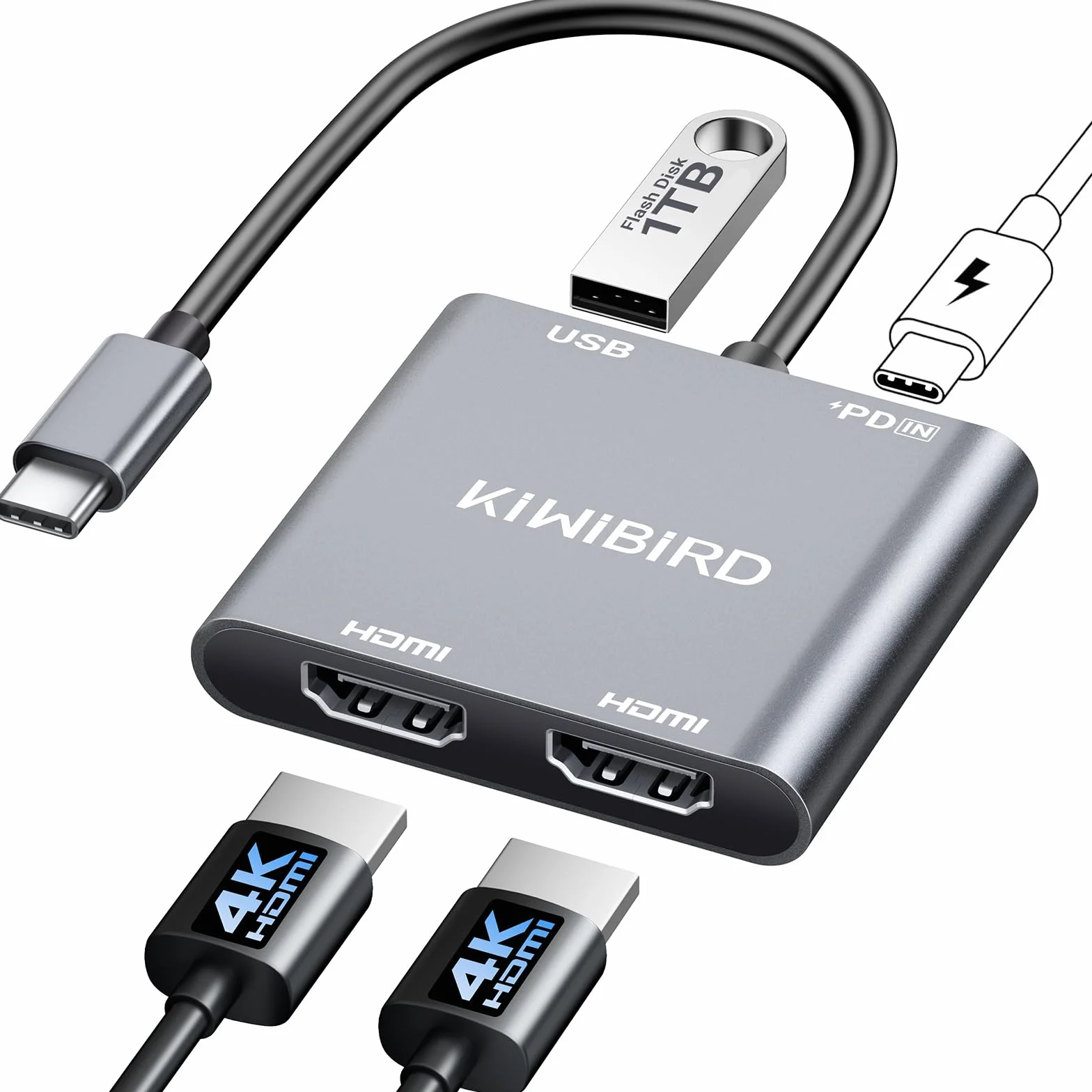 KiWiBiRD Double adaptateur HDMI pour 2 moniteurs 4K 100W PD HDCP USB C vers HDMI Splitter écran étendu