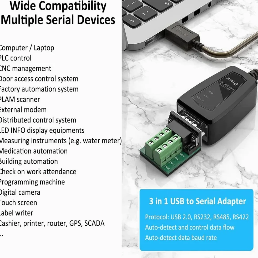 DTech Adaptateur USB vers série RS485 RS422 R232 avec tableau de bord LED prise en charge DC5V pour différents appareils de commande Windows 10 8 7 XP Mac (1,5 m (interface 3 en 1)