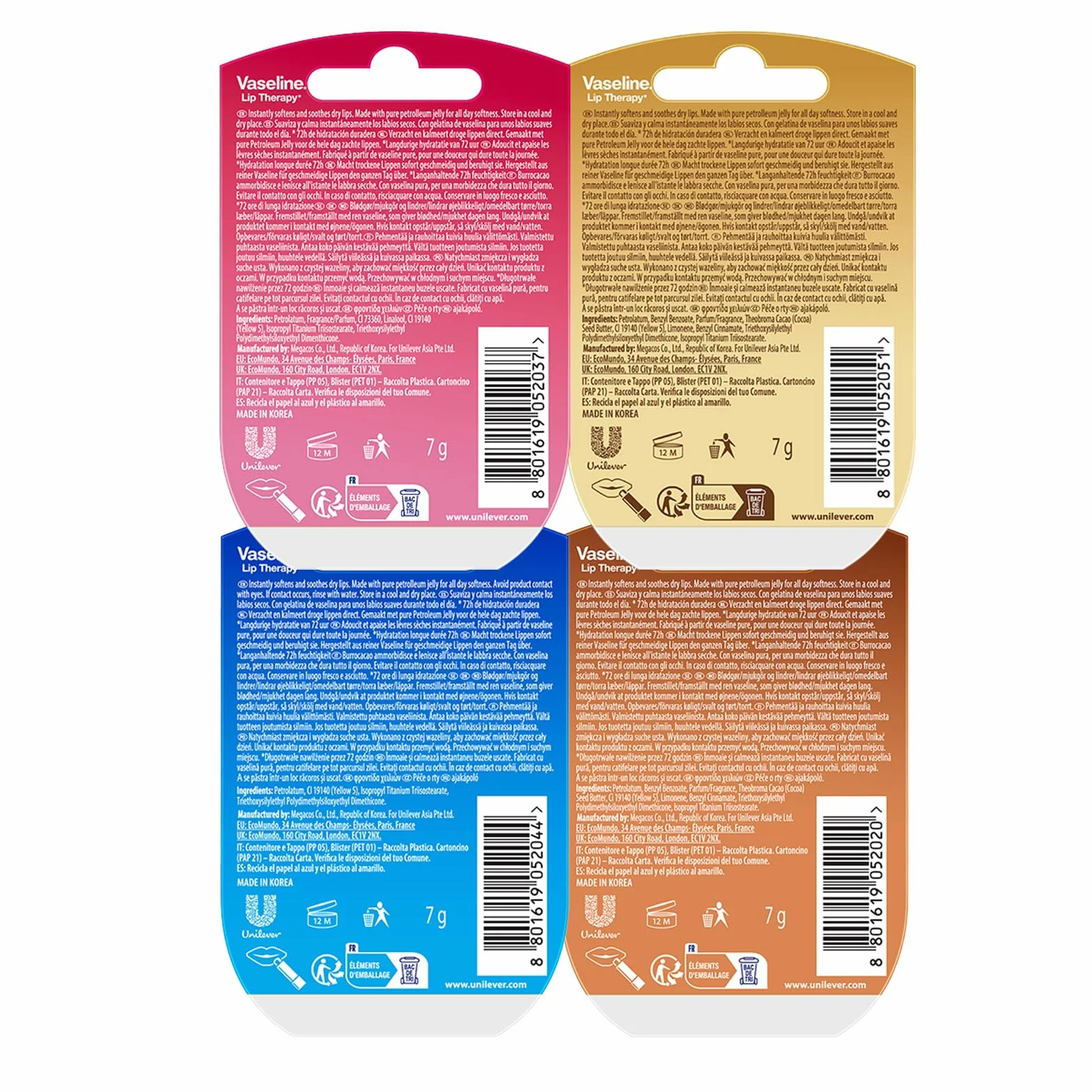Vaseline Lip Therapy Baume à lèvres hydratant Set de 4 Rosy Crème Brûlée Original Cocoa Butter
