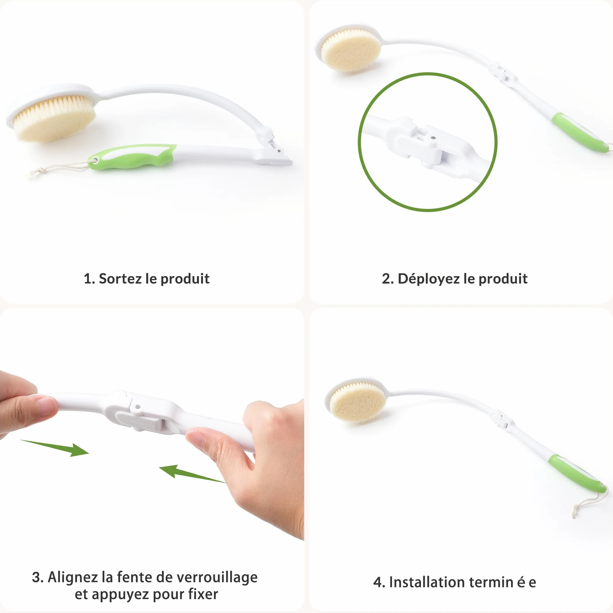 Brosse Dos Douche Pliable Long Manche – Brosse Douche Dos Poils Souples Serviette Incluse Ergonomique Nettoyage Corps Entier