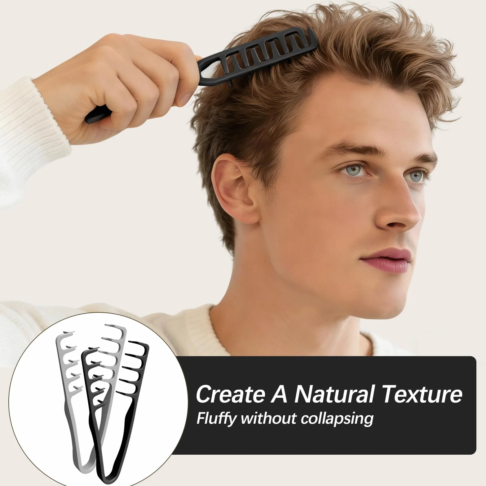Peigne Cheveux Texture Pliable 2 Pièces, Brosse Cheveux Bouclés Grosse Dent Large Coiffage Volumineux Gris Noir