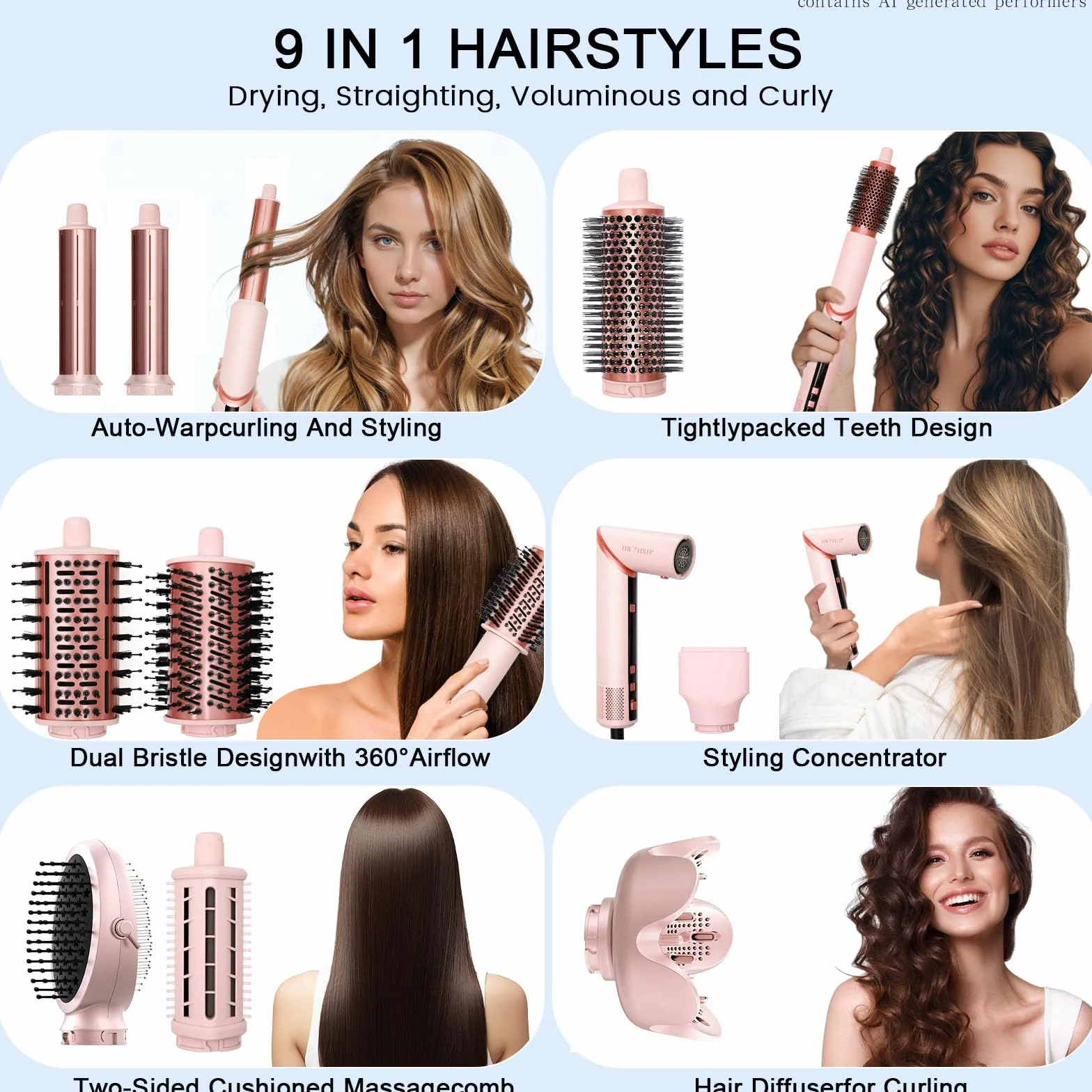Sèche-cheveux Coiffeur 9 en 1 haute vitesse ionique avec affichage numérique température 3 réglages chaud/froid