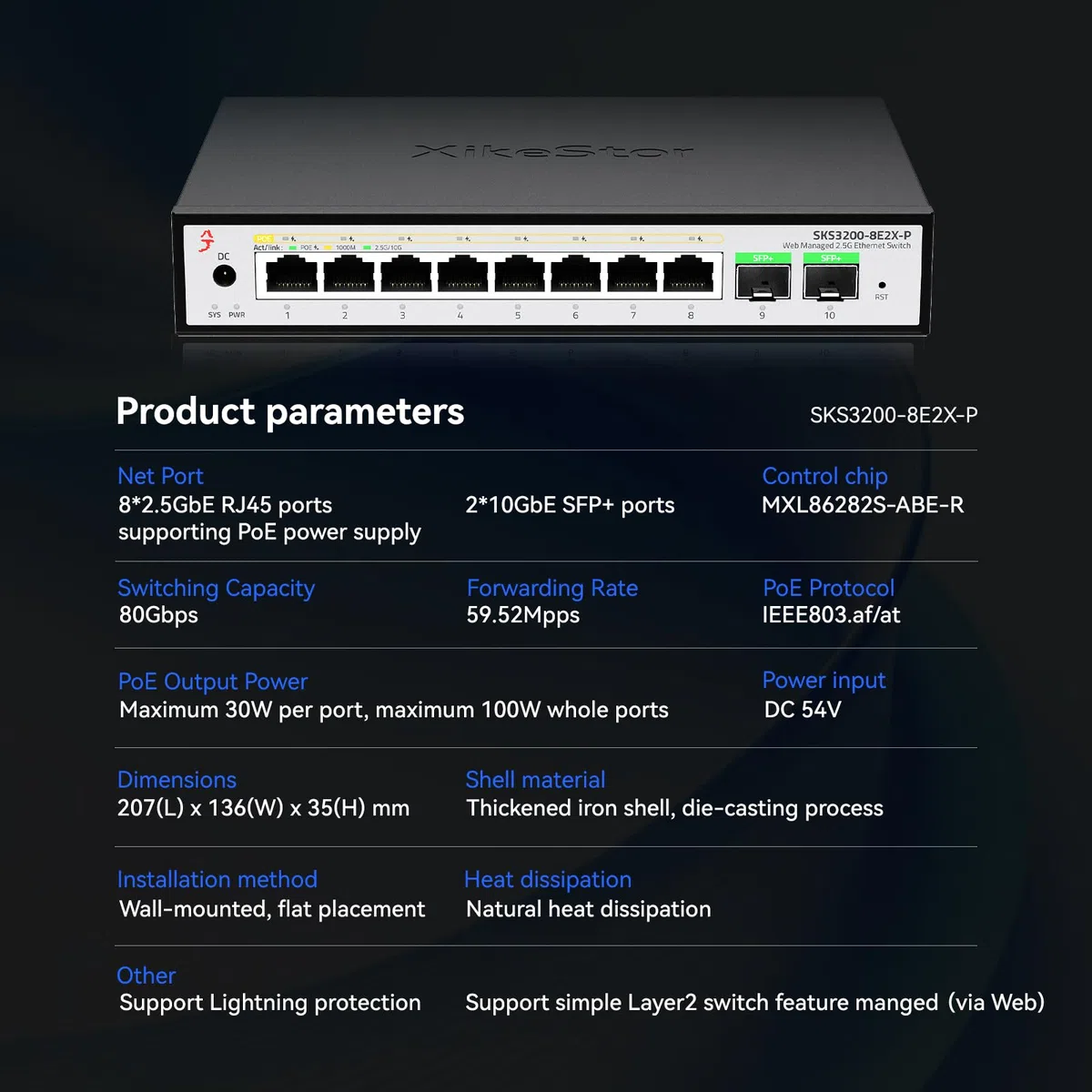 Commutateur PoE+ 10G 8 ports 2,5 G 2 x 10G SFP+ Uplink, L2+ Managed, SKS3200-8E2X-P VLAN/LACP, contrôle par application, pour caméras de surveillance et points d'accès