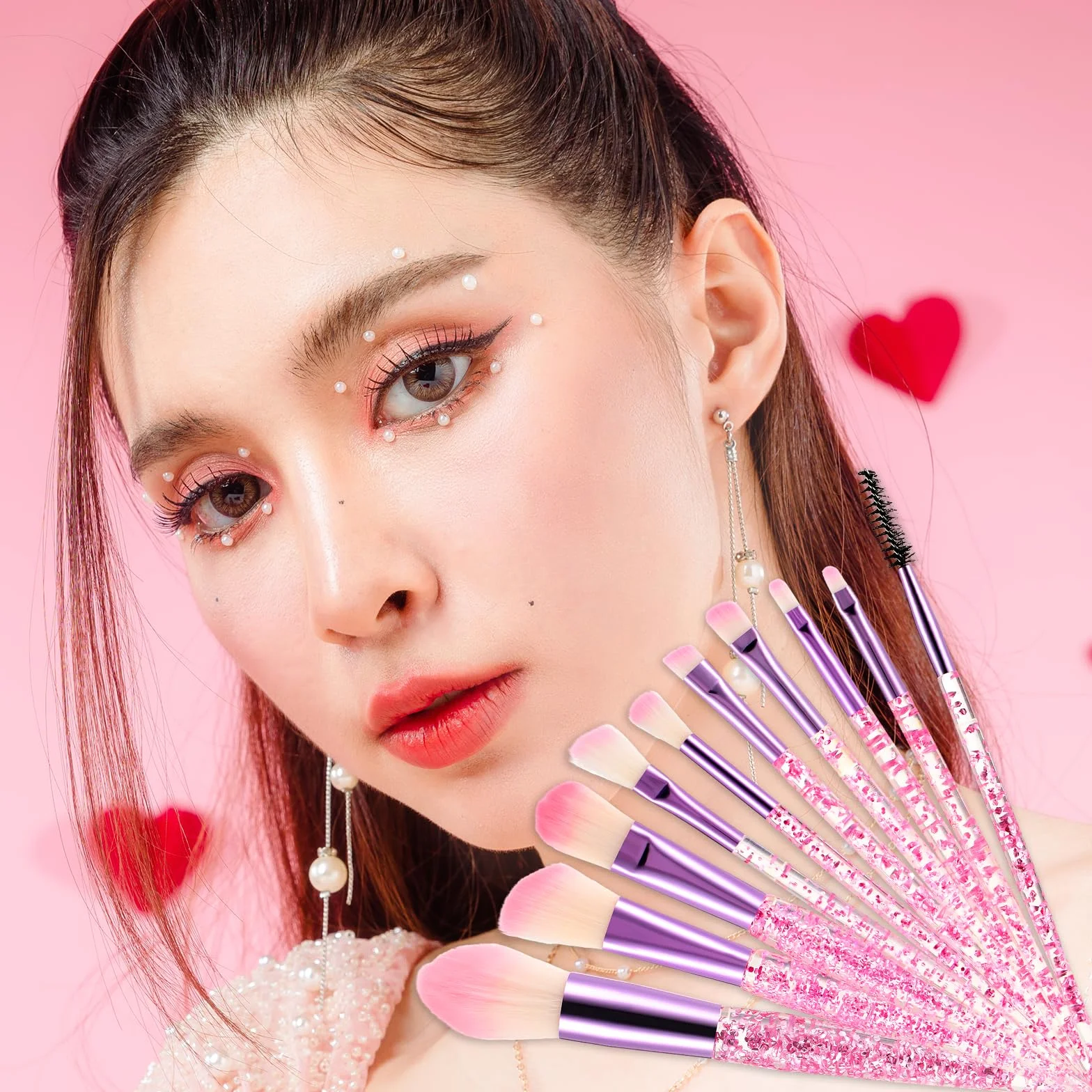 Molain Lot de 10 pinceaux de maquillage cristal paillettes fond de teint poudre anti-cernes eye-liner blush