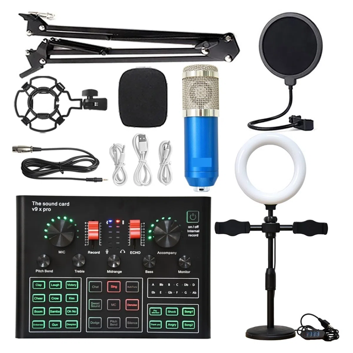 Kit de carte son professionnel à condensateur, micro, Bluetooth, sans fil, karaoké, carte son avec support en porte-à-faux, lumière de remplissage, configuration de studio pour l'enregistrement d