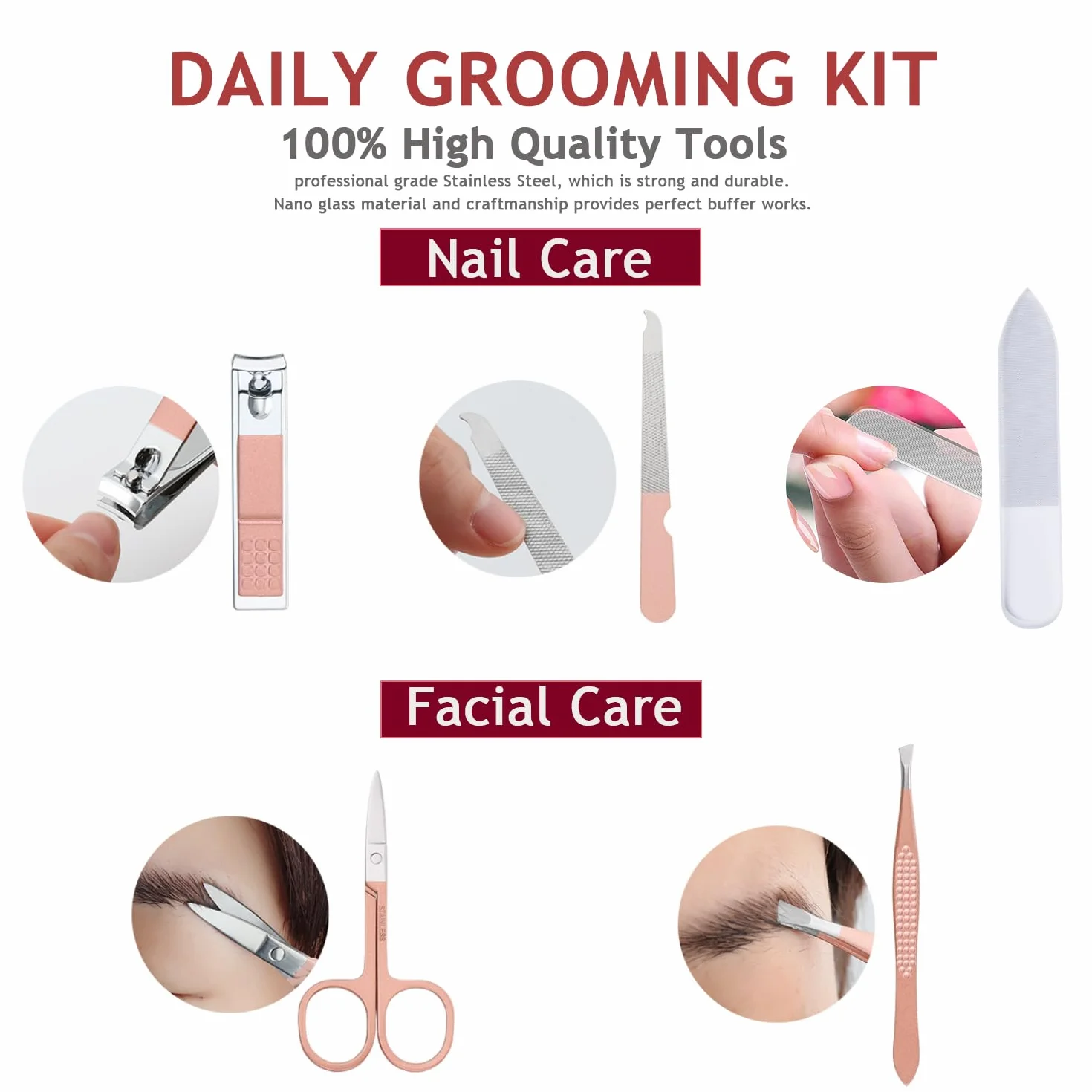 Kit de manucure et pédicure 5 pièces en acier inoxydable or rose avec étui de voyage en cuir