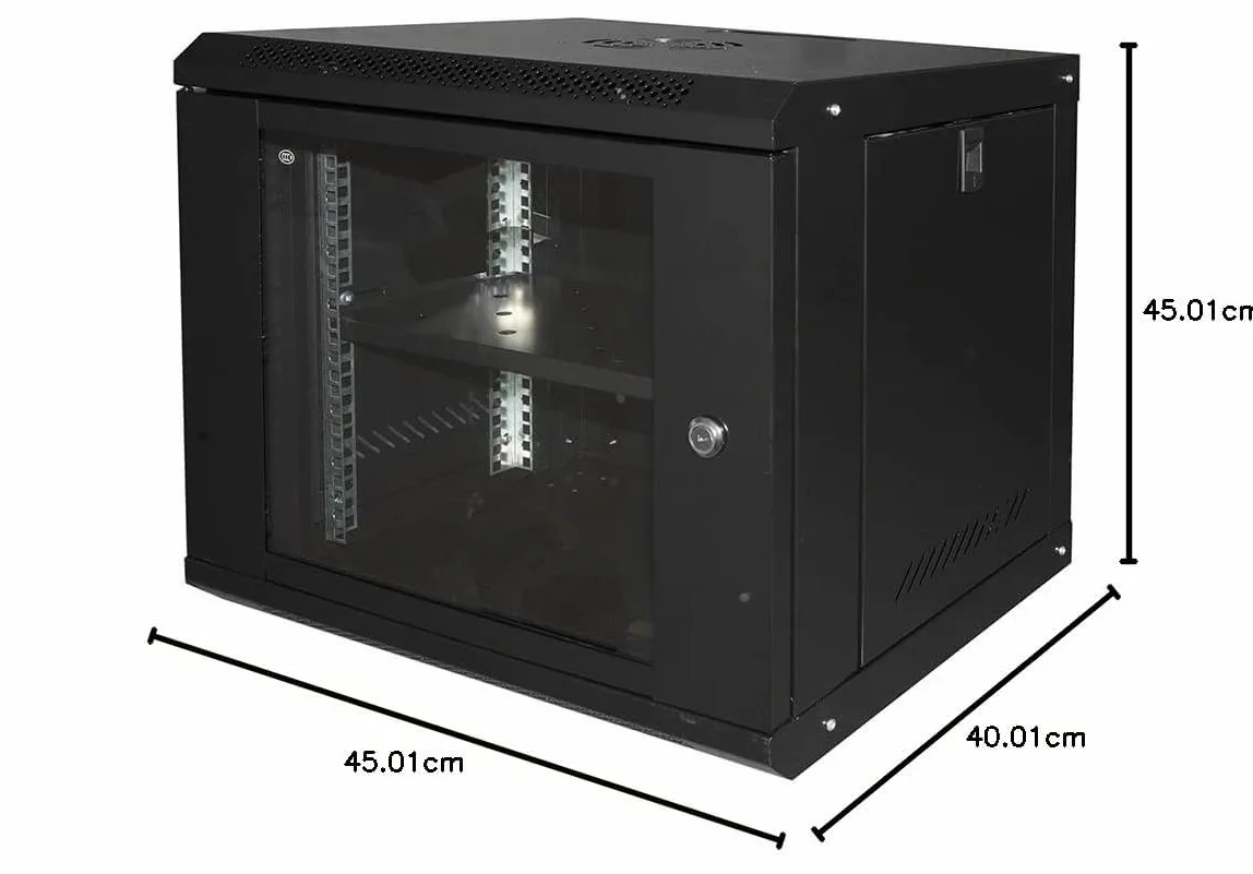 Armoire Rack 19" 9U Link SÉRIE LUMIÈRE Couleur Noir avec Porte Verre (AxPxL) MM 450X400X530 Étagère Incluse