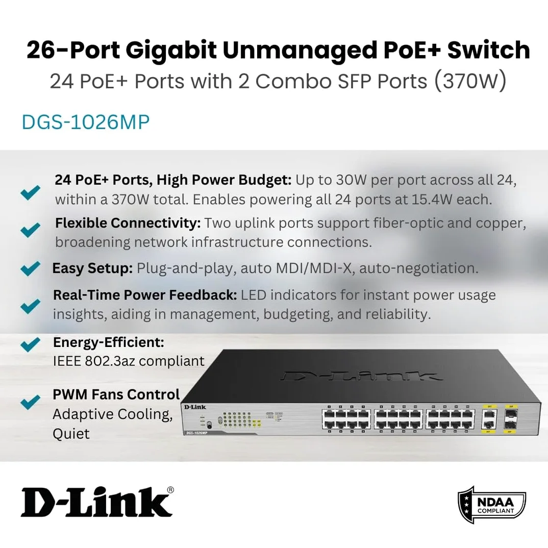 D-Link DGS-1026MP Switch Web Manageable 26 Ports Gigabit POE+ 10/100/1000mbps - Idéal pour Entreprise Administration et Réseaux Gérés