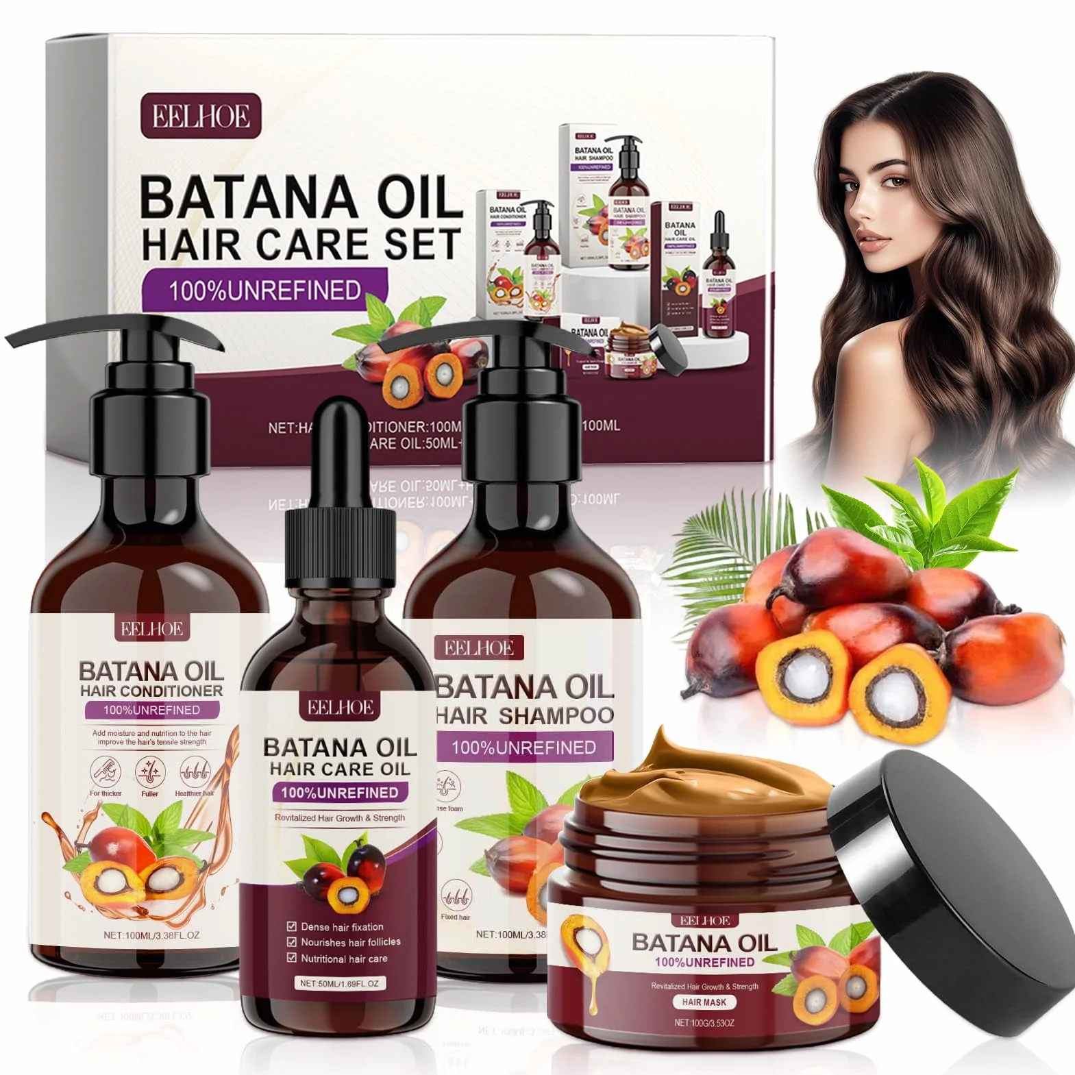Batana Huile Capillaire Croissance des Cheveux 4 Pièces Shampoing Après-Shampooing Crème