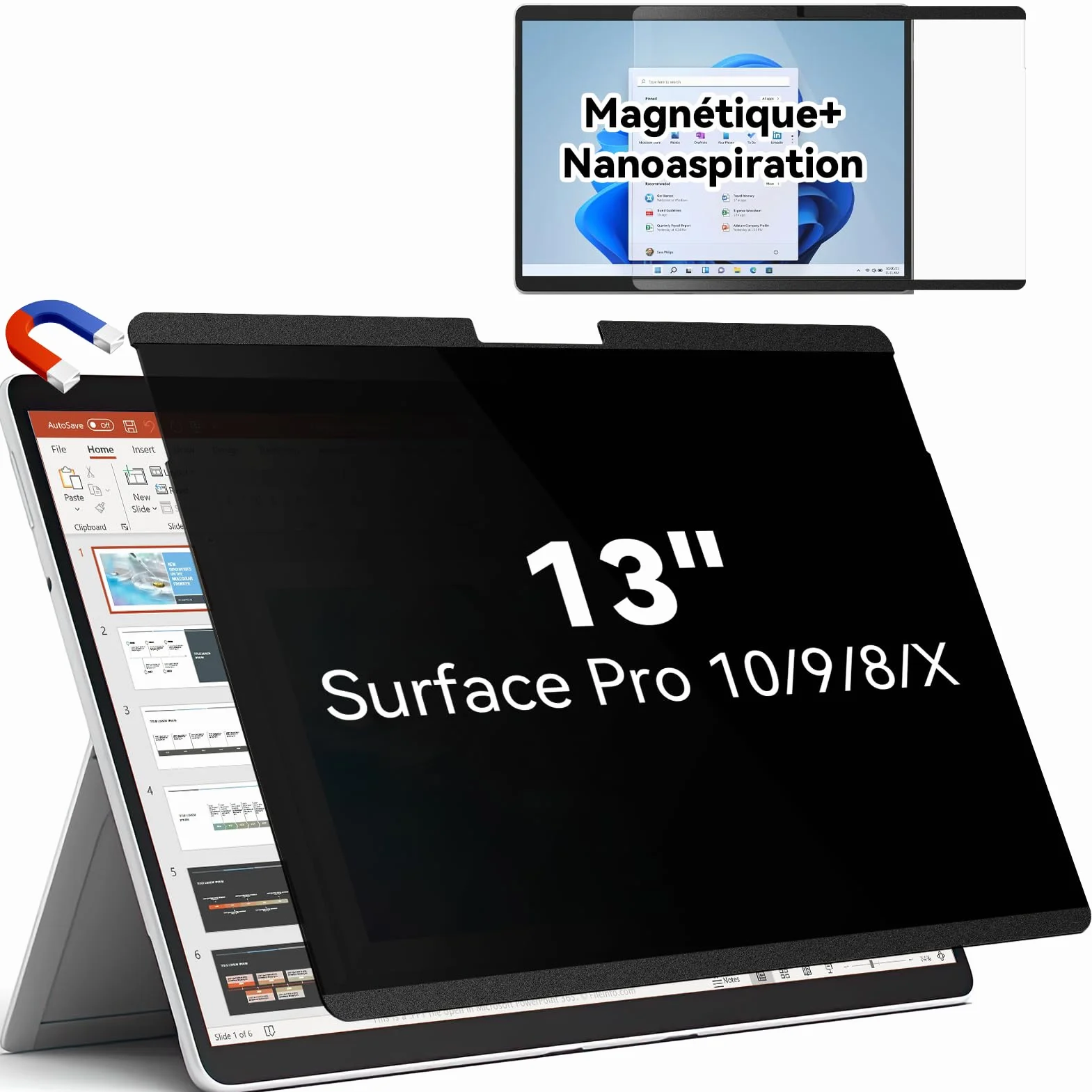 IPROKKO Filtre de Confidentialité Magnétique 13 Pouces Surface Pro 11/10/9/8/X, Protection d'Écran Anti Espion Anti Lumière Bleue
