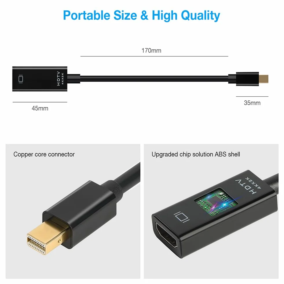 AXFEE Adaptateur Mini DisplayPort vers HDMI 4K 30Hz 2K 60Hz 1080P 120Hz Noir