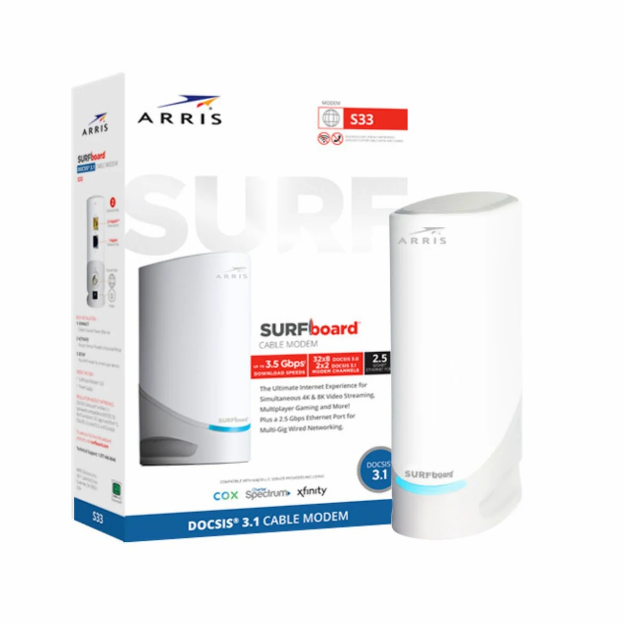 ARRIS S33 – Modem câble – Modem Rapide DOCSIS 3.1 Multi-Gigabit pour Comcast Xfinity, Cox, Spectrum et Plus Ports 1 et 2,5 Gbit/s Vitesse Internet maximale 2,5 Gbps 4 canaux OFDM