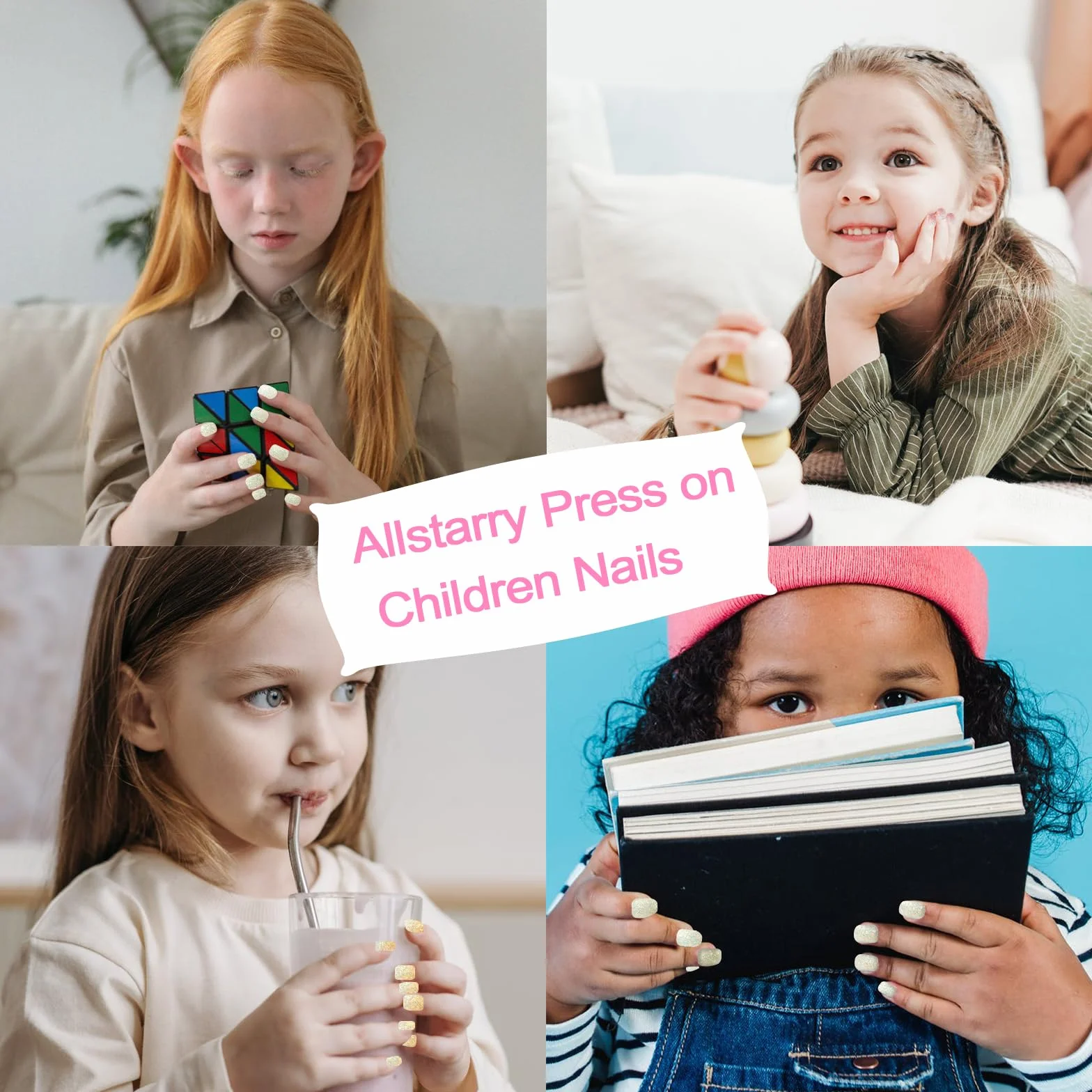 Allstarry 72pcs Press on Nails Glitter Short False Nail Kits for Children Little Girls