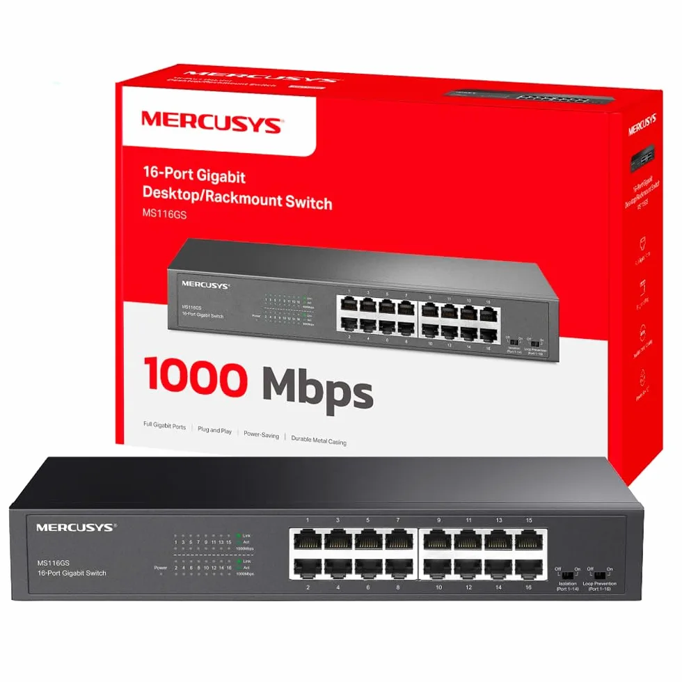 Mercusys Switch Ethernet Gigabit 16 Ports RJ45, Boîtier Métal, MS116GS | Ports 10/100/1000 Mbps, Plug & Play, Compatible avec PC TV Imprimante Caméra Routeur, Idéal pour les PME/Bureaux/Télétravail