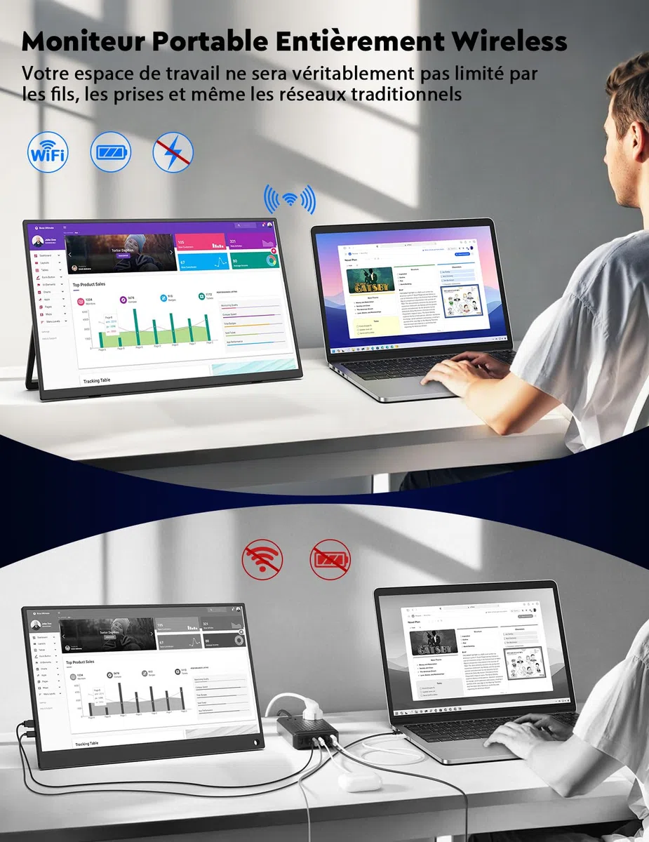 MAGICRAVEN Ecran Portable sans Fil avec Batterie 8000mAh, 15,6" 1080P IPS Moniteur Portable, Ecran Externe Portable Haut-Parleurs Intégrés, Extension écran pour PC/Téléphone/Tablette