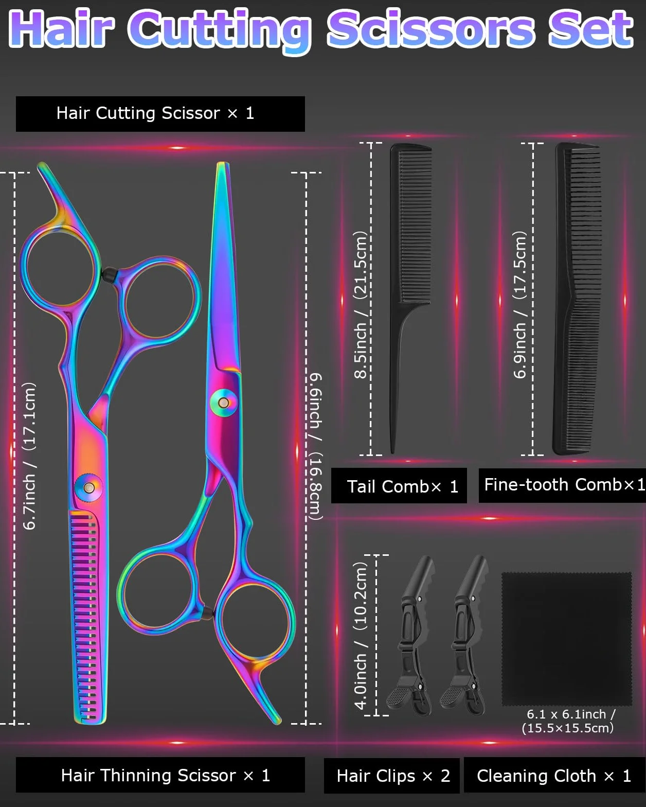 Lictin Ciseaux Coiffeur Professionnels 13 en 1 6.7" Acier Inoxydable avec Peigne Multicolore