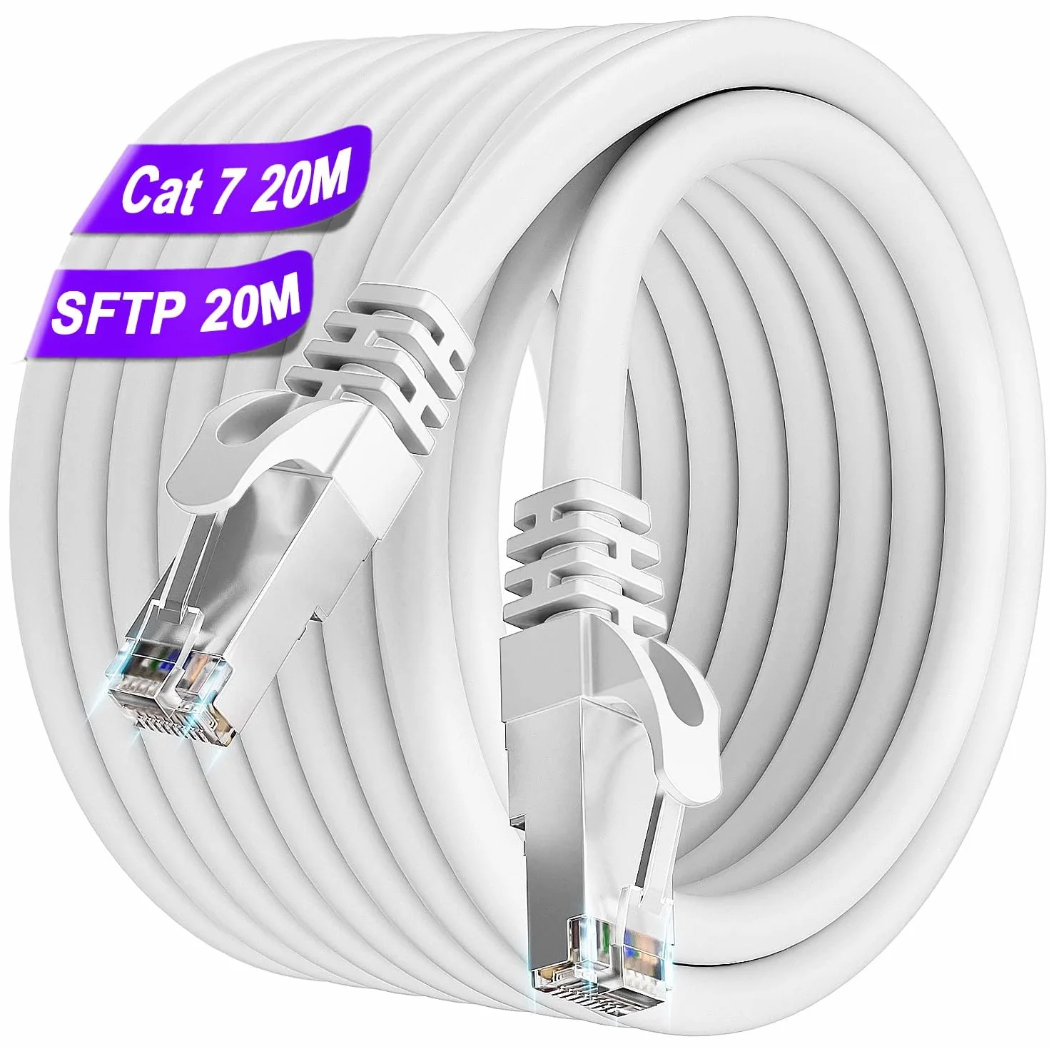 Câble Ethernet 20m RJ45 Cat 7 Blindé Haute Vitesse 10Gbit/s 600MHz S/FTP Blanc Gigabit Extérieur Imperméable LAN