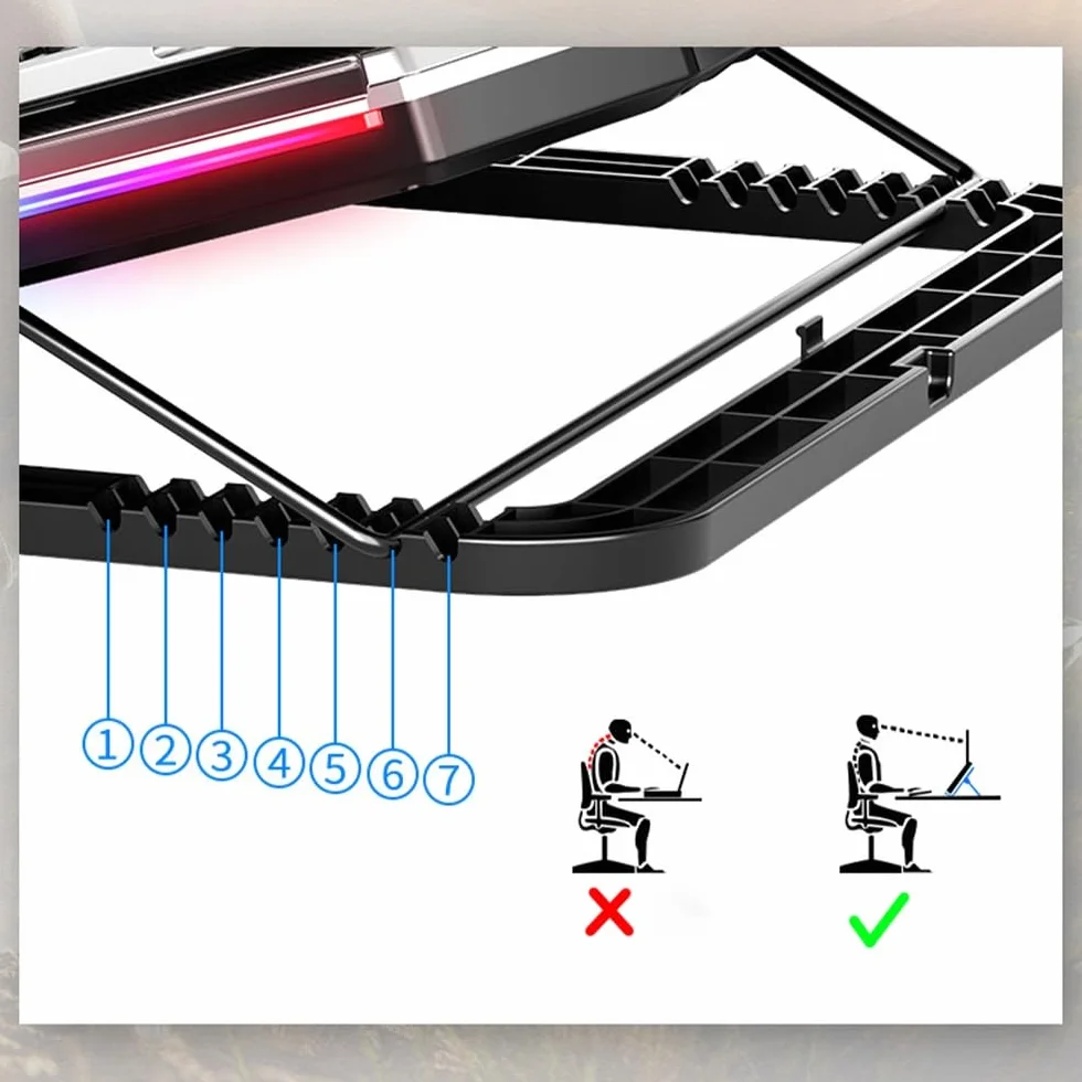Q8 RGB LED Support Ordinateur Portable 6 Ventilateurs 18 Pouces Inclinaison 0-32° Écran LCD Silencieux 25dB USB