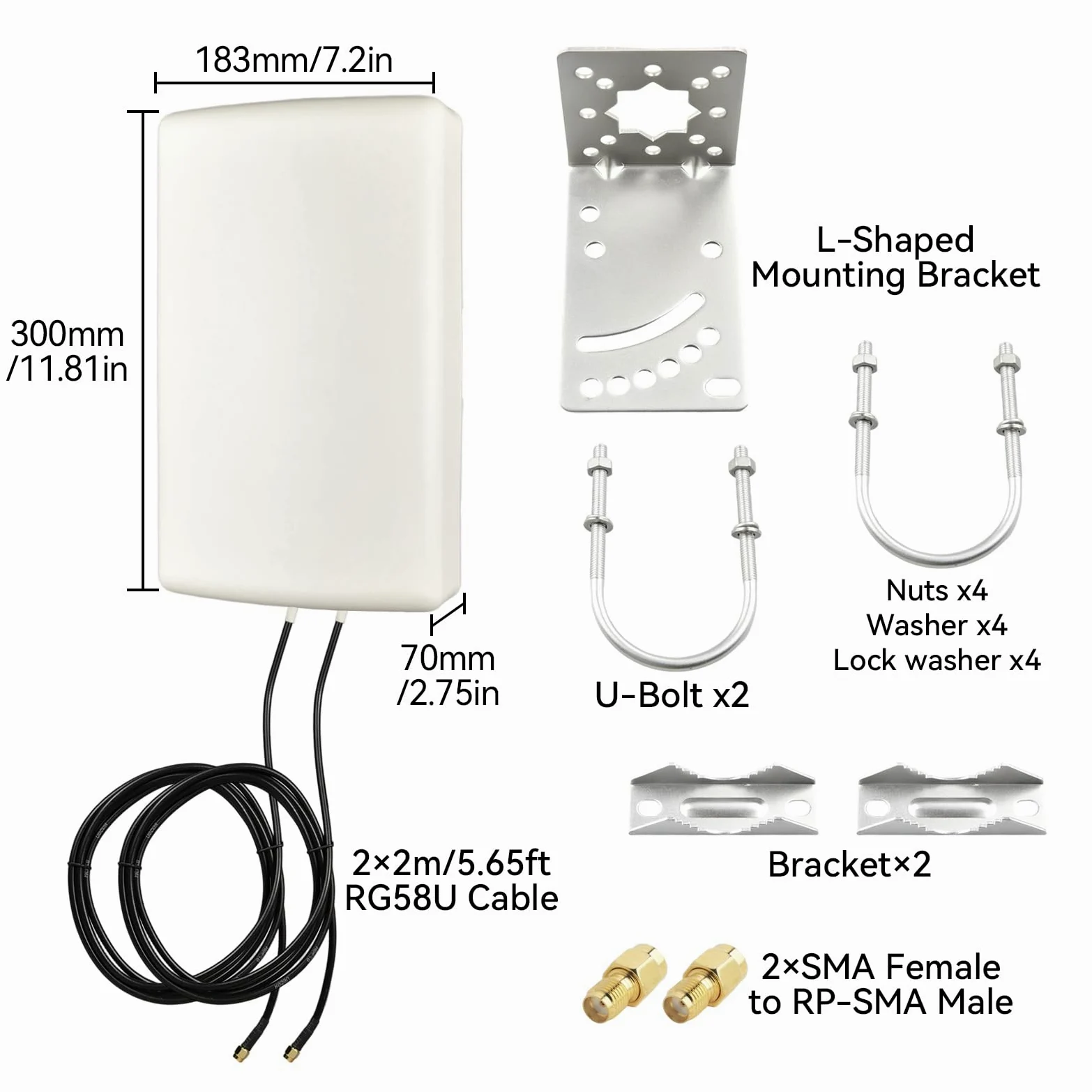 Antenne directionnelle 4G 5G 2 × 2 MIMO panneau antenne extérieure 10dBi gain élevé 700-3800MHz large bande LTE antenne SMA mâle double câble RG58 avec adaptateurs RP-SMA IP66 étanche pour