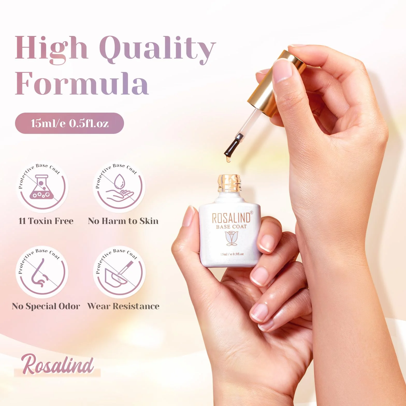 ROSALIND Base Coat Vernis Semi Permanent 15ml UV LED Soak Off Gel Polish