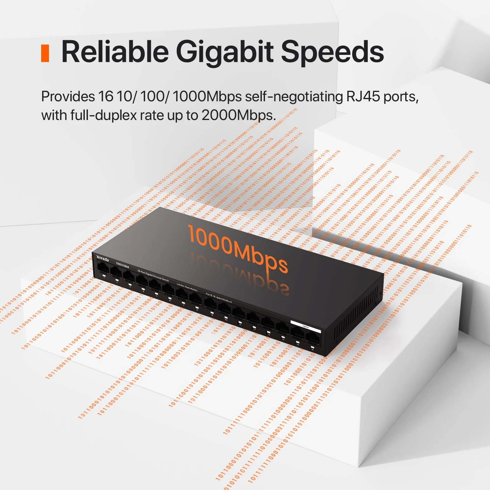 Tenda TEG1116M Commutateur Gigabit à 16 Ports, commutateur Ethernet Non géré avec optimisation du trafic, Plug & Play, Interrupteur réseau sans Ventilateur et Design métallique, Protection limitée