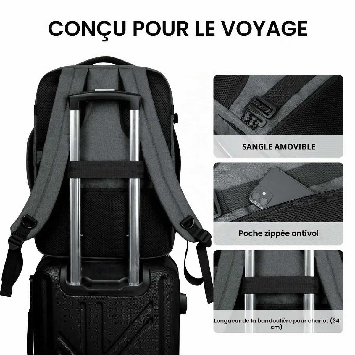 WANDF Sac à Dos Bagage à Main 45x36x20cm pour Easyjet Airlines, Sac à Main de Voyage sous Siège avec Compartiment Humide, Sac à Dos pour Ordinateur Portable 17 Pouces pour Hommes et Femmes