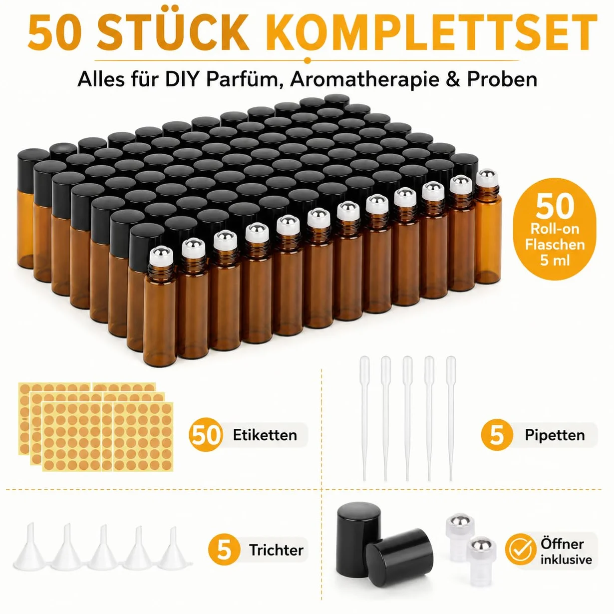 Lot de 50 Flacons Roll-On 5ml en Verre Ambré avec Billes en Acier Inox, Kit DIY Huiles Essentielles