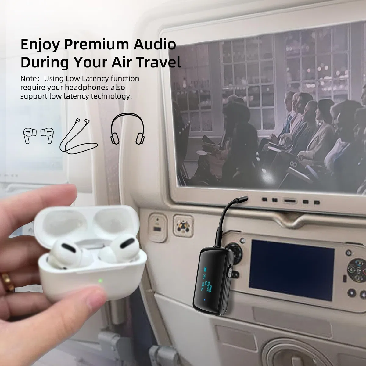 Adaptateur Bluetooth 5.2 pour avion jusqu'à 2 Airpods/casque, émetteur audio Bluetooth jack 3,5 pour TV et gymnases, répartiteur sans fil pour haut-parleurs et voiture avec micro