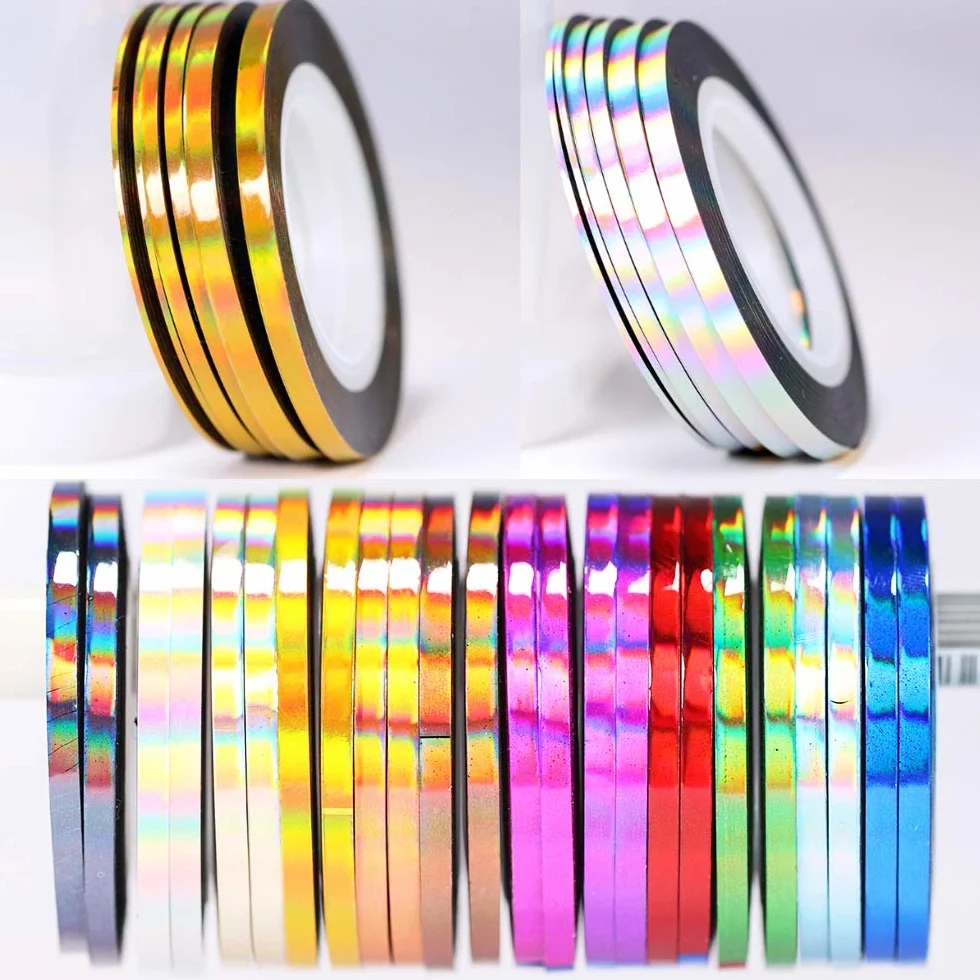 Nail Art Striping Tape Lines Kit 36 pcs 1mm 2mm 3mm Silver Holographic Chrome Nail Tape Strips for Design DIY