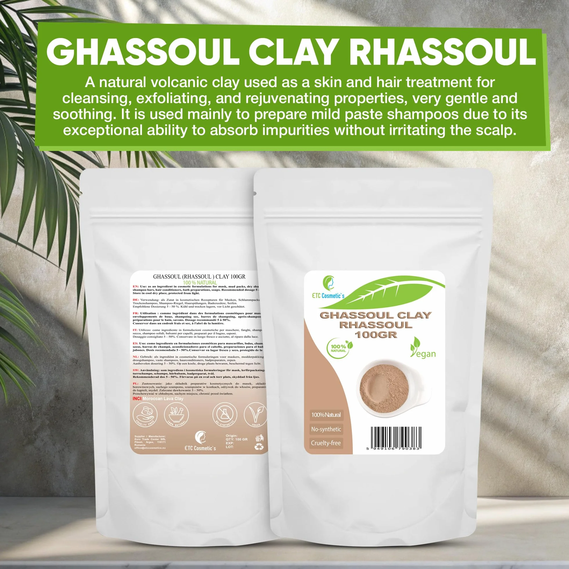Ghassoul Argile Rhassoul 100g Masque Visage Corps Cheveux Gommage Doux Savon Anti-Âge