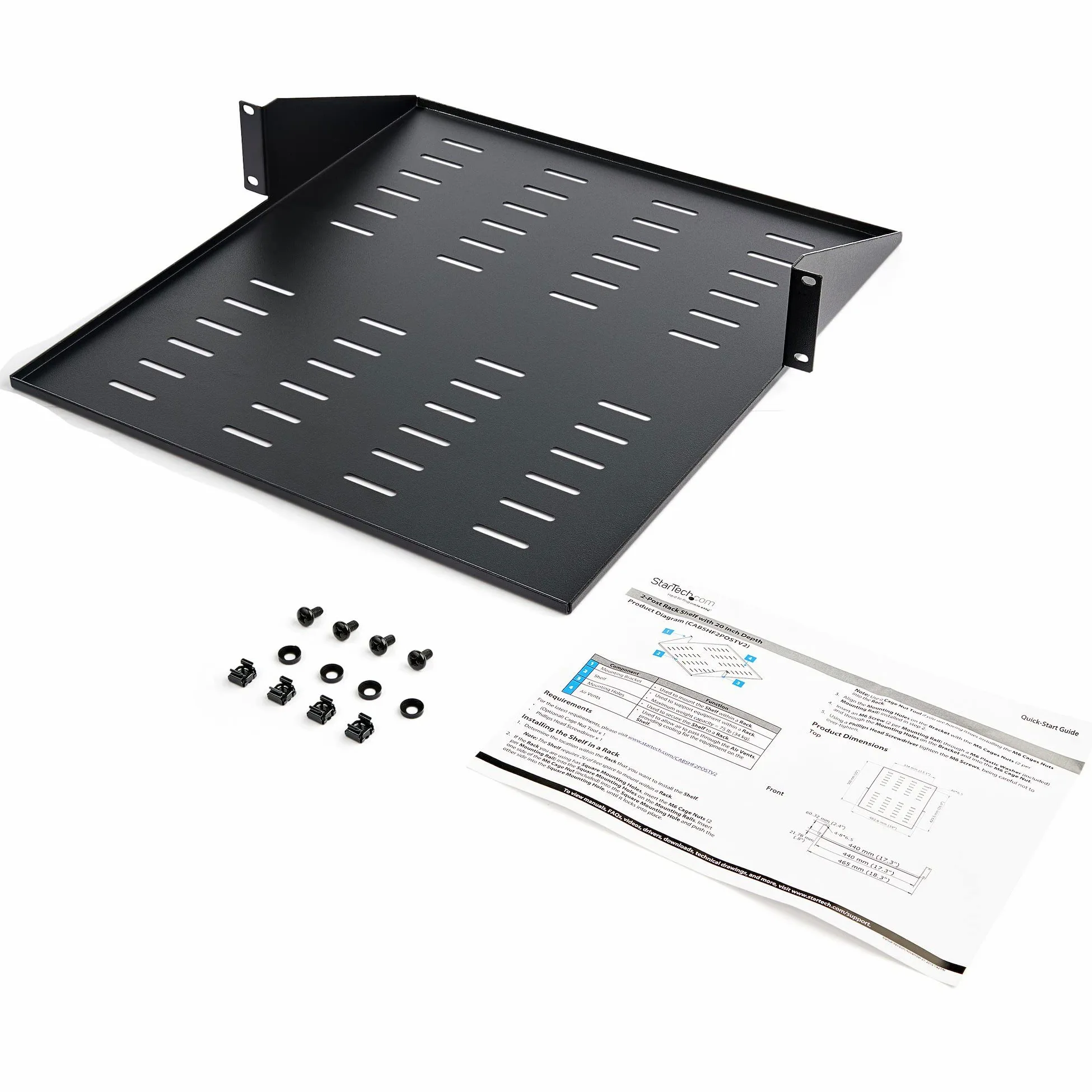 StarTech Étagère Cantilever Ventilée 2U Centrale, 34kg (CABSHF2POSTV2) | Plateau universel, Montage en rack, Baie serveur, Acier, Double face, 2 Montants
