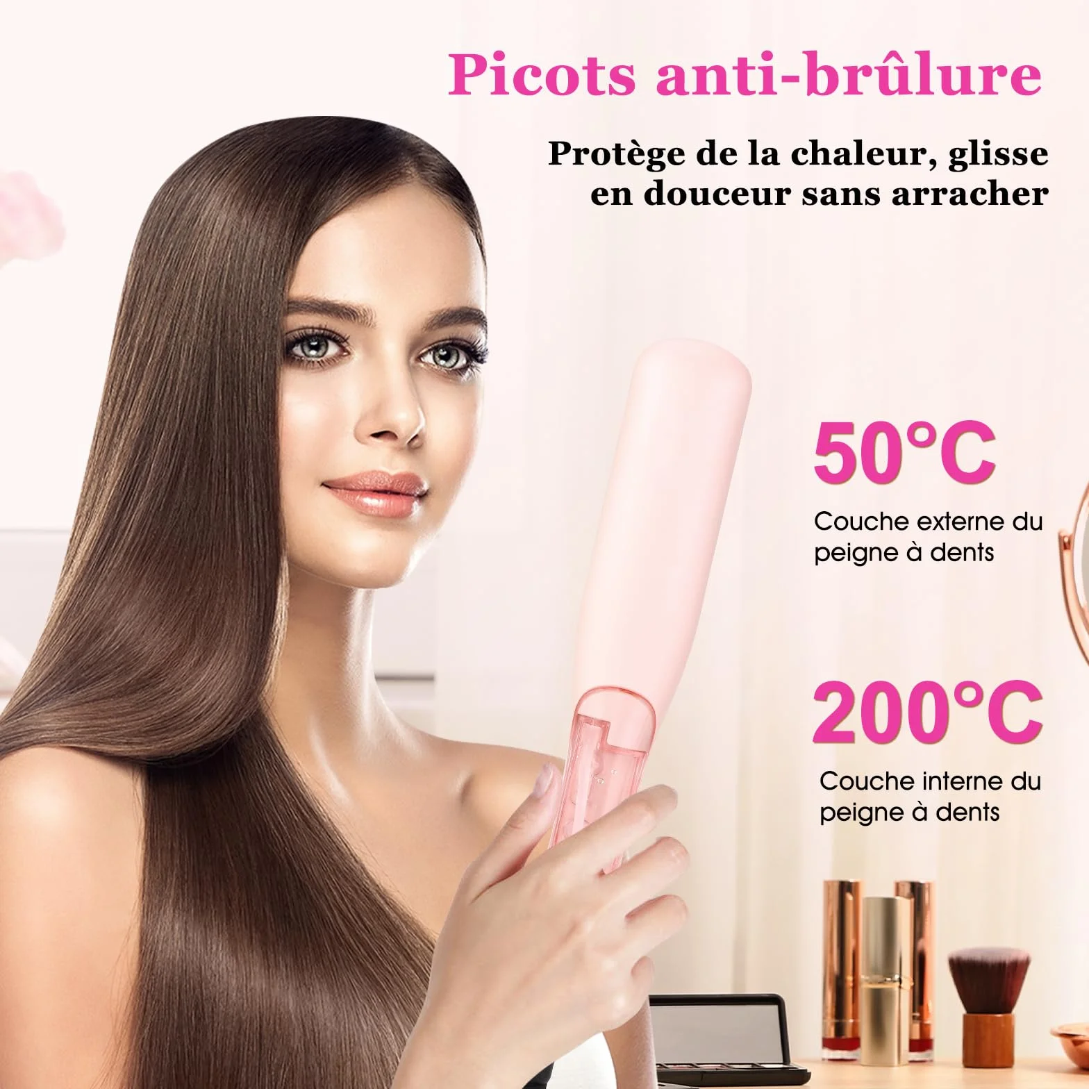 Brosse à Repasser à Cheveux à Vapeur, Lisseur Vapeur, Plaques en Céramique, 4 Niveaux Température, Chauffage Rapide 30s