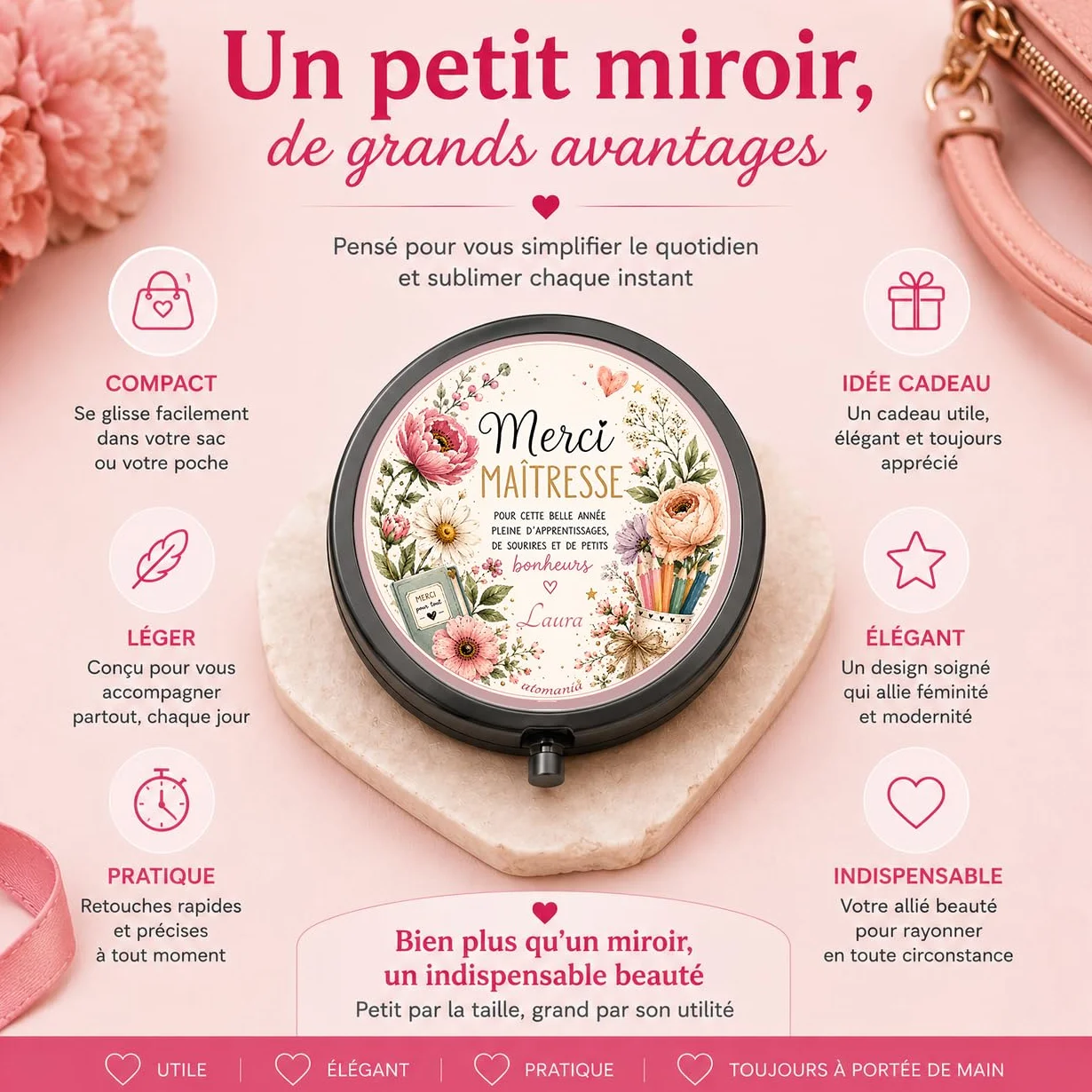 Miroir de Poche Personnalisé Merci Maîtresse – Cadeau Fin d'Année Scolaire – Miroir Compact