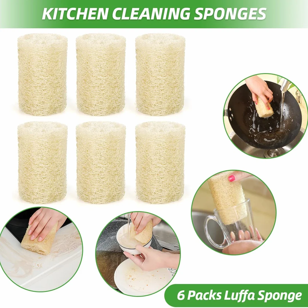 Éponge Luffa Naturelle, Éponge de Bain Exfoliante et Éponge Vaisselle Réutilisable - Lot de 6